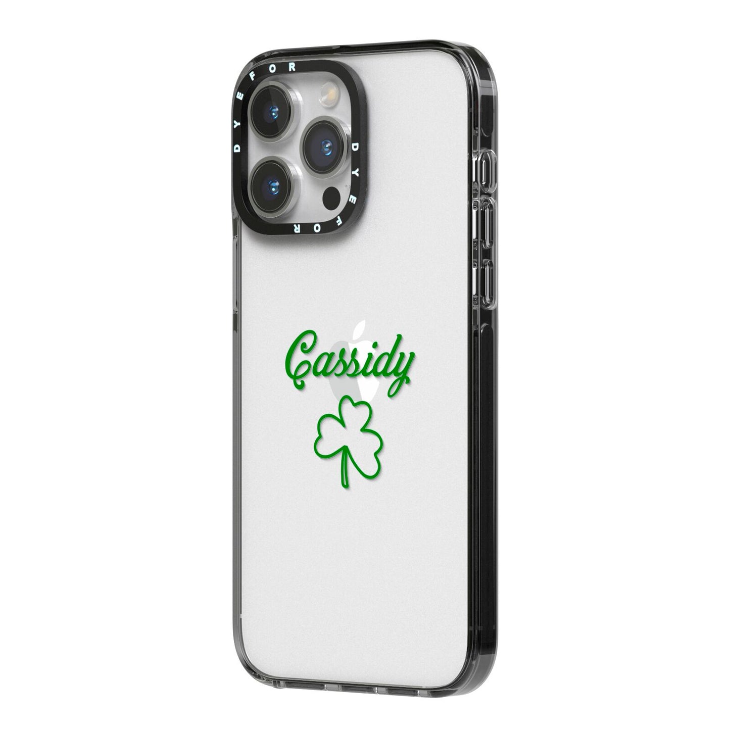 Personalised Name Shamrock iPhone 14 Pro Max Black Impact Case Side Angle on Silver phone