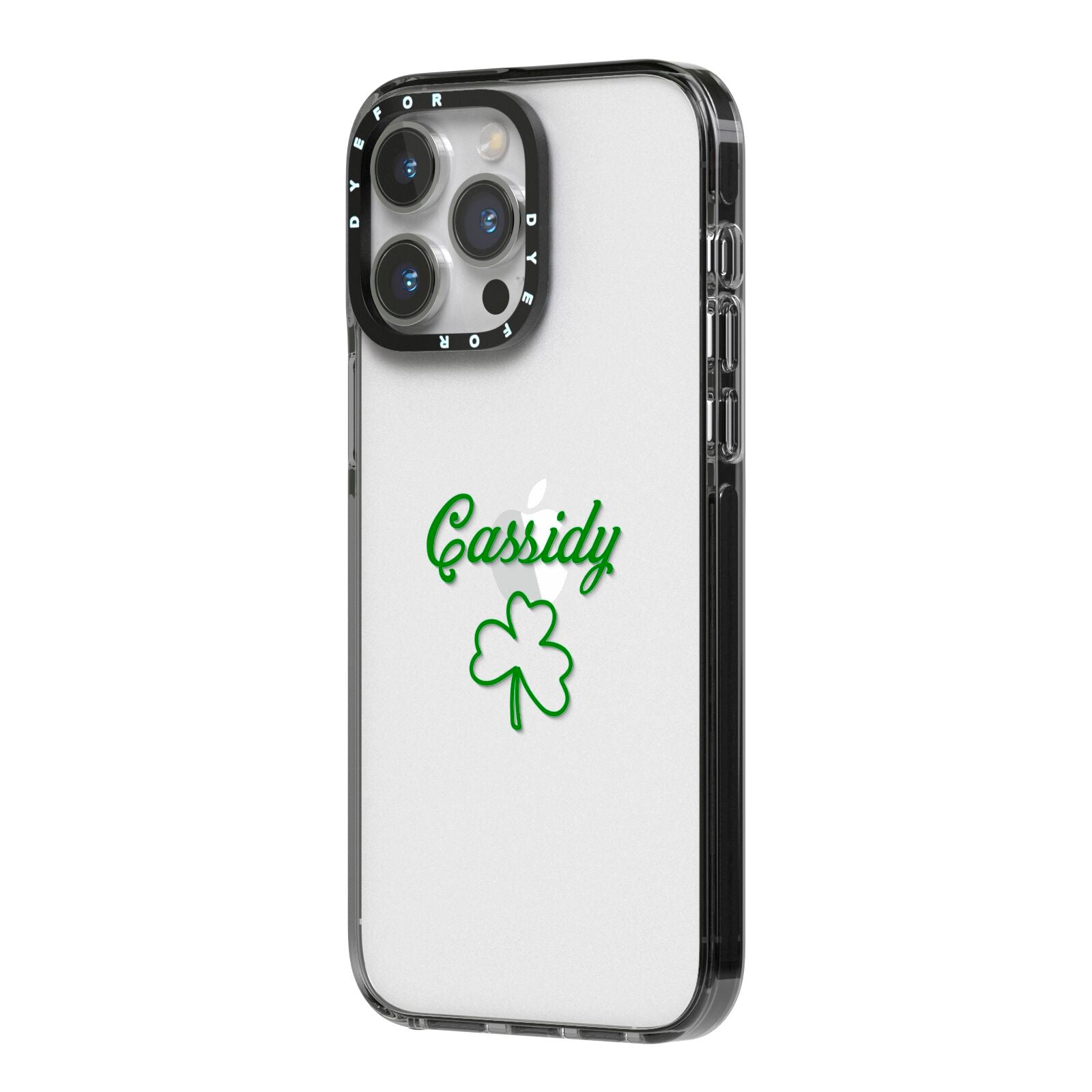 Personalised Name Shamrock iPhone 14 Pro Max Black Impact Case Side Angle on Silver phone