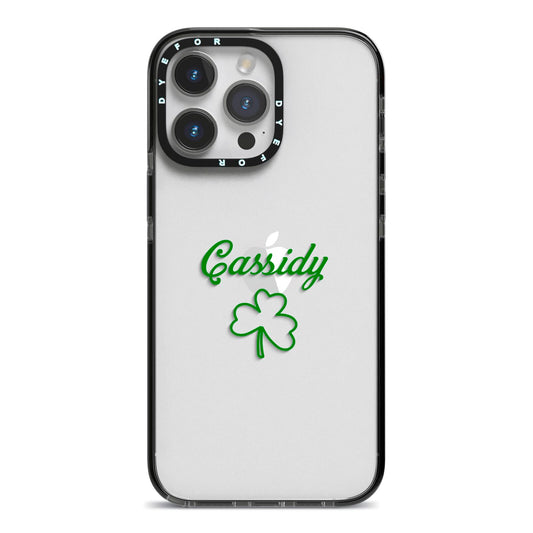 Personalised Name Shamrock iPhone 14 Pro Max Black Impact Case on Silver phone