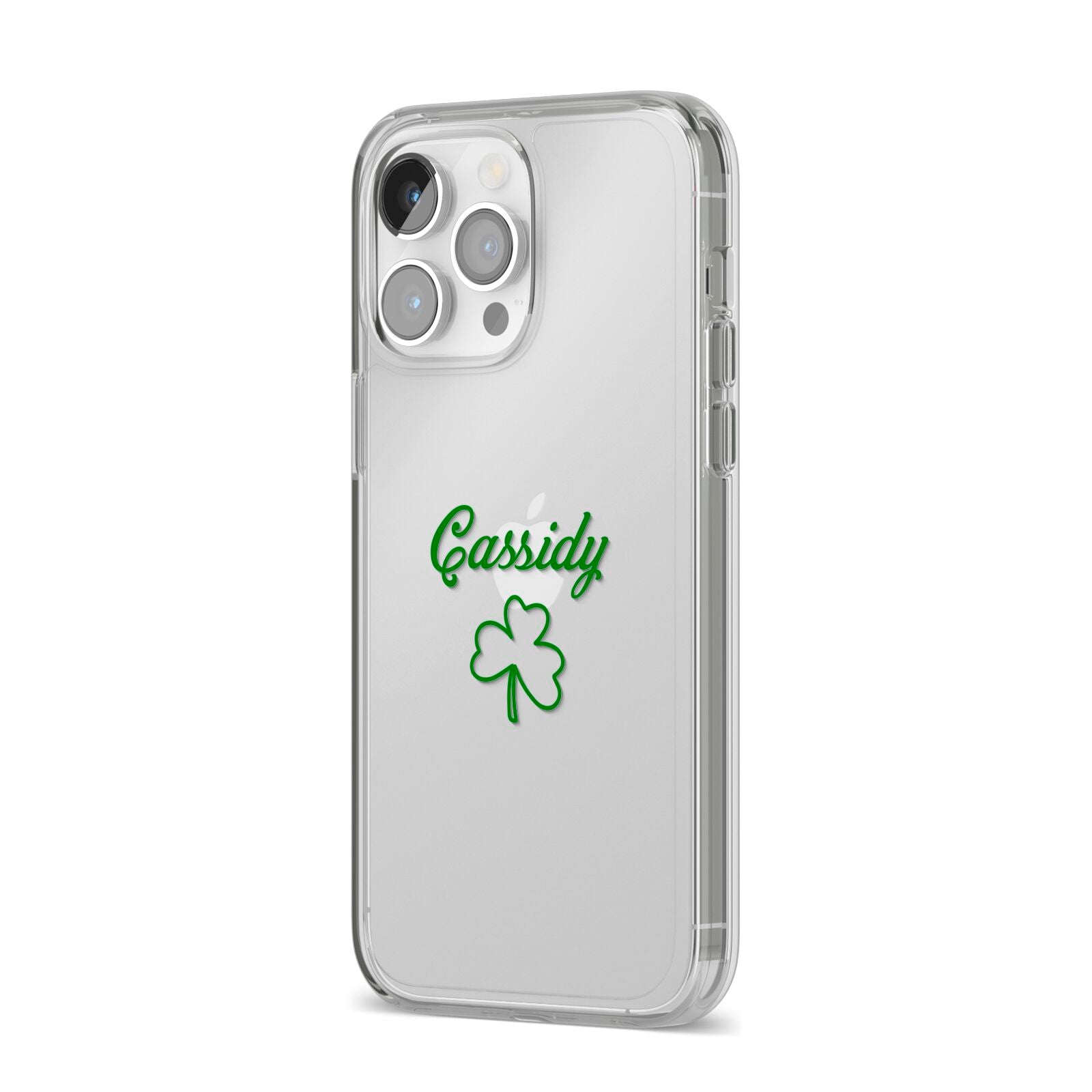 Personalised Name Shamrock iPhone 14 Pro Max Clear Tough Case Silver Angled Image