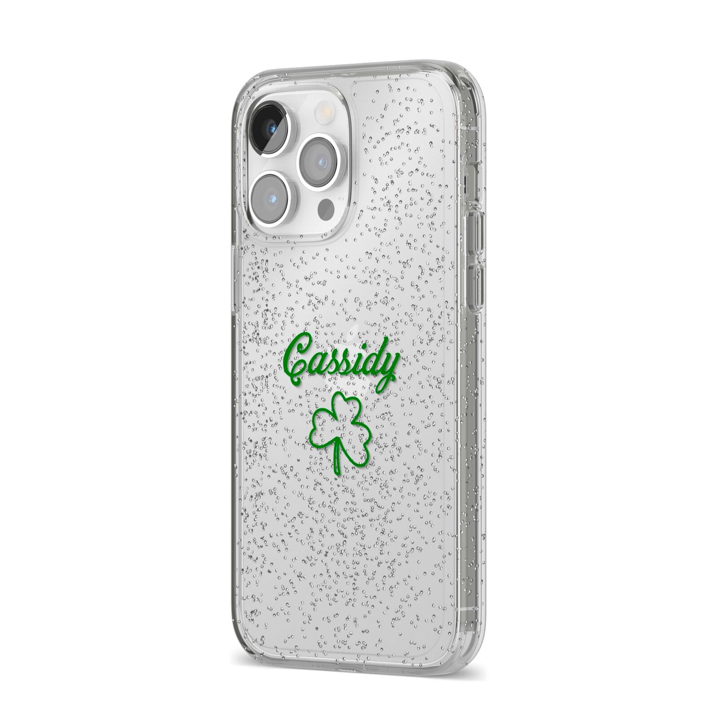 Personalised Name Shamrock iPhone 14 Pro Max Glitter Tough Case Silver Angled Image
