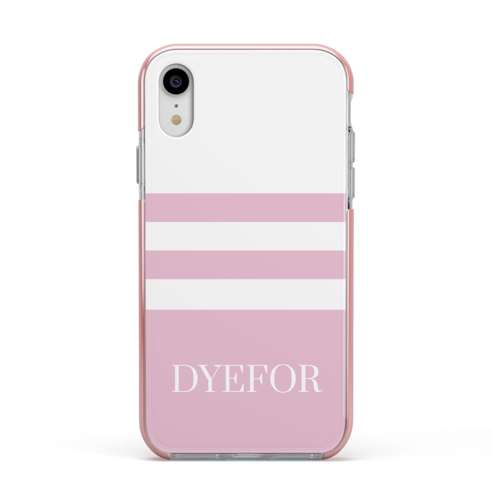 Personalised Name Striped Apple iPhone XR Impact Case Pink Edge on Silver Phone