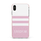 Personalised Name Striped Apple iPhone Xs Max Impact Case Pink Edge on Silver Phone