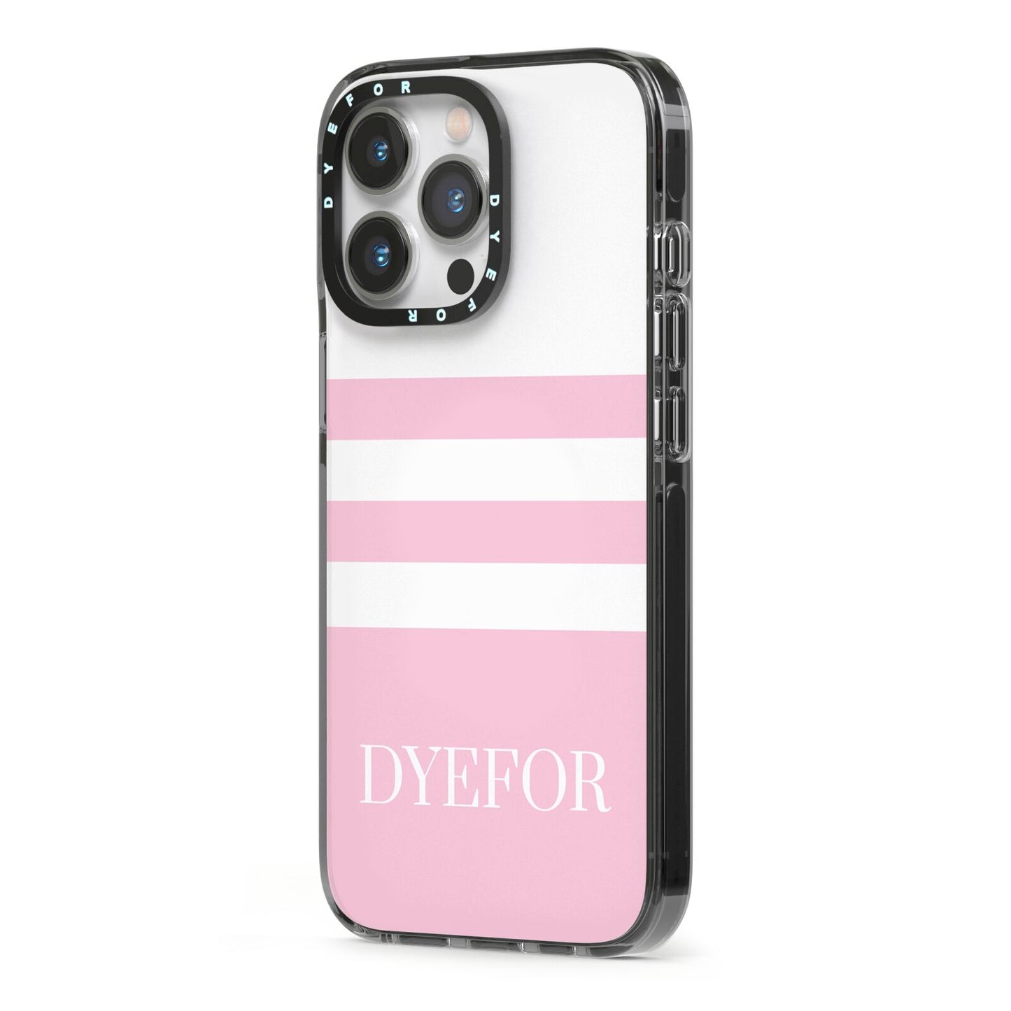 Personalised Name Striped iPhone 13 Pro Black Impact Case Side Angle on Silver phone