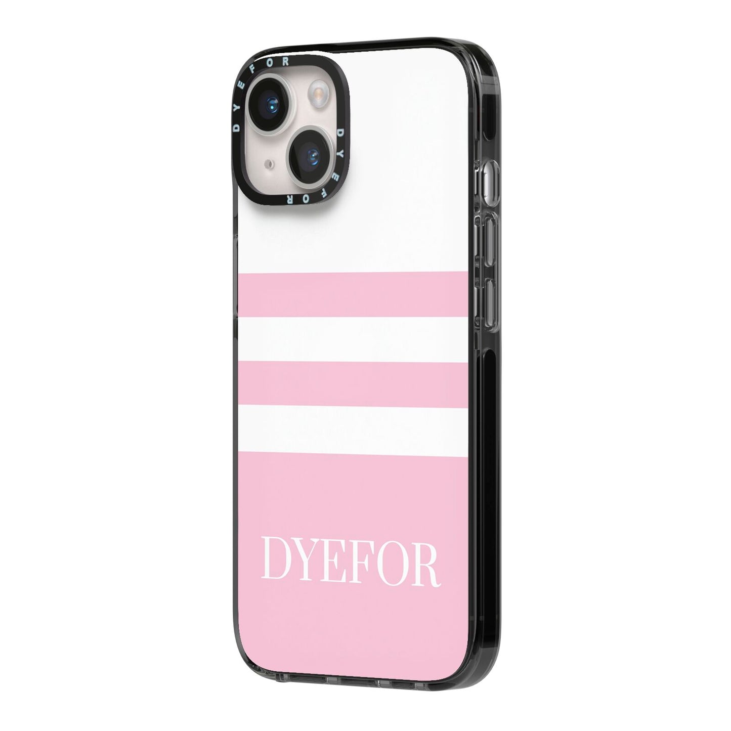 Personalised Name Striped iPhone 14 Black Impact Case Side Angle on Silver phone