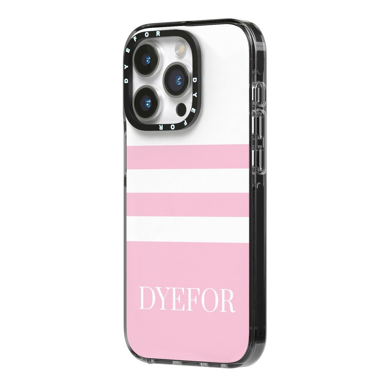 Personalised Name Striped iPhone 14 Pro Black Impact Case Side Angle on Silver phone
