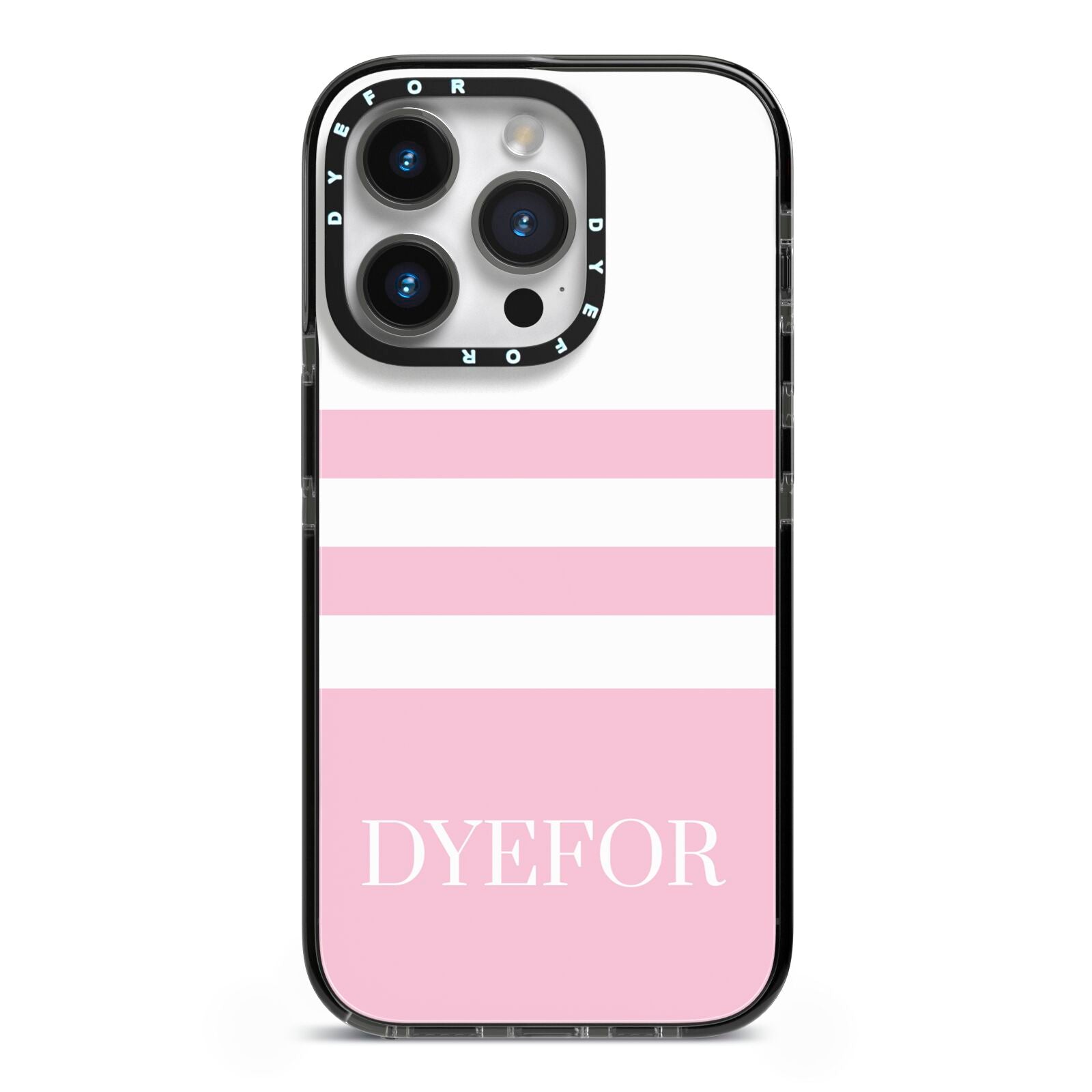 Personalised Name Striped iPhone 14 Pro Black Impact Case on Silver phone