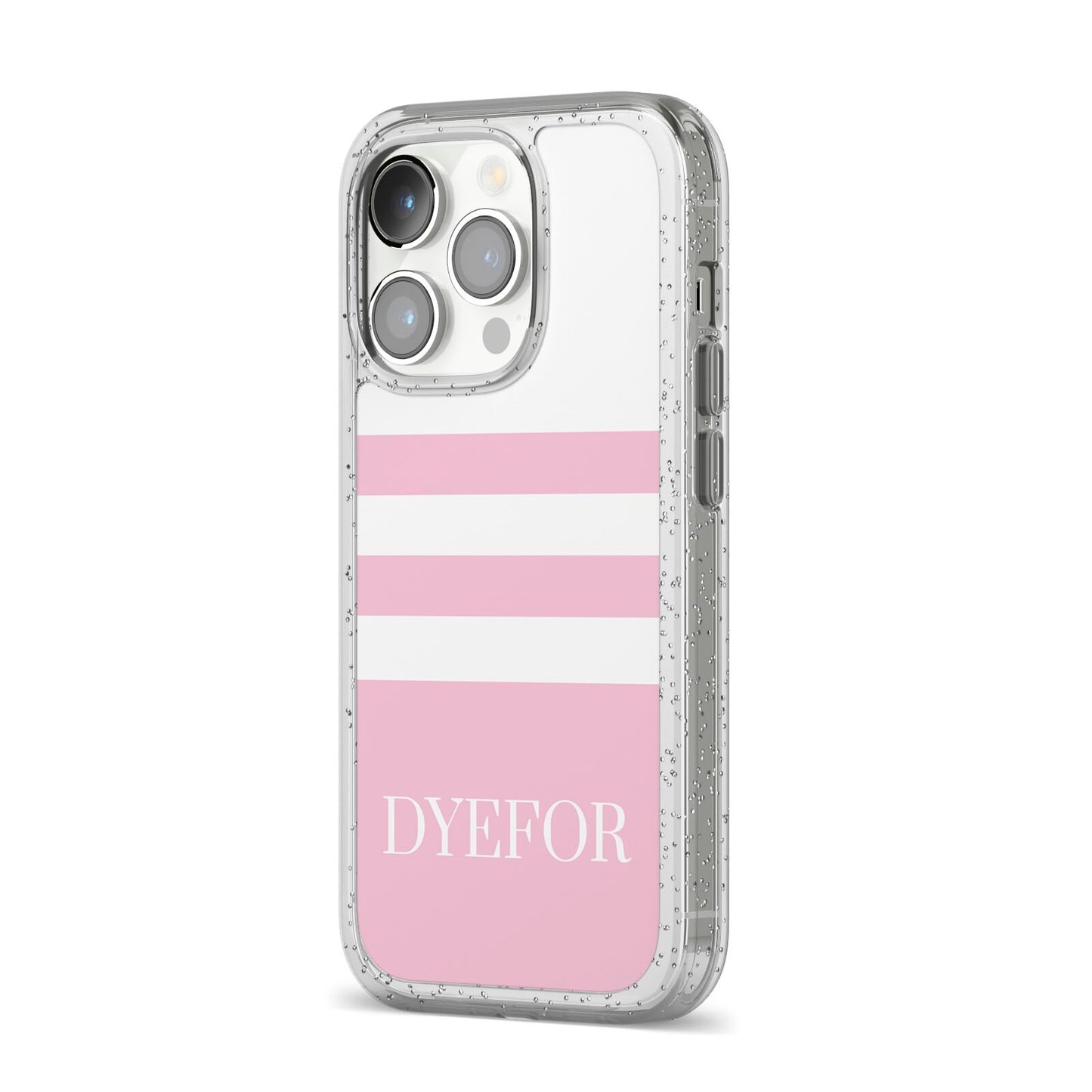 Personalised Name Striped iPhone 14 Pro Glitter Tough Case Silver Angled Image