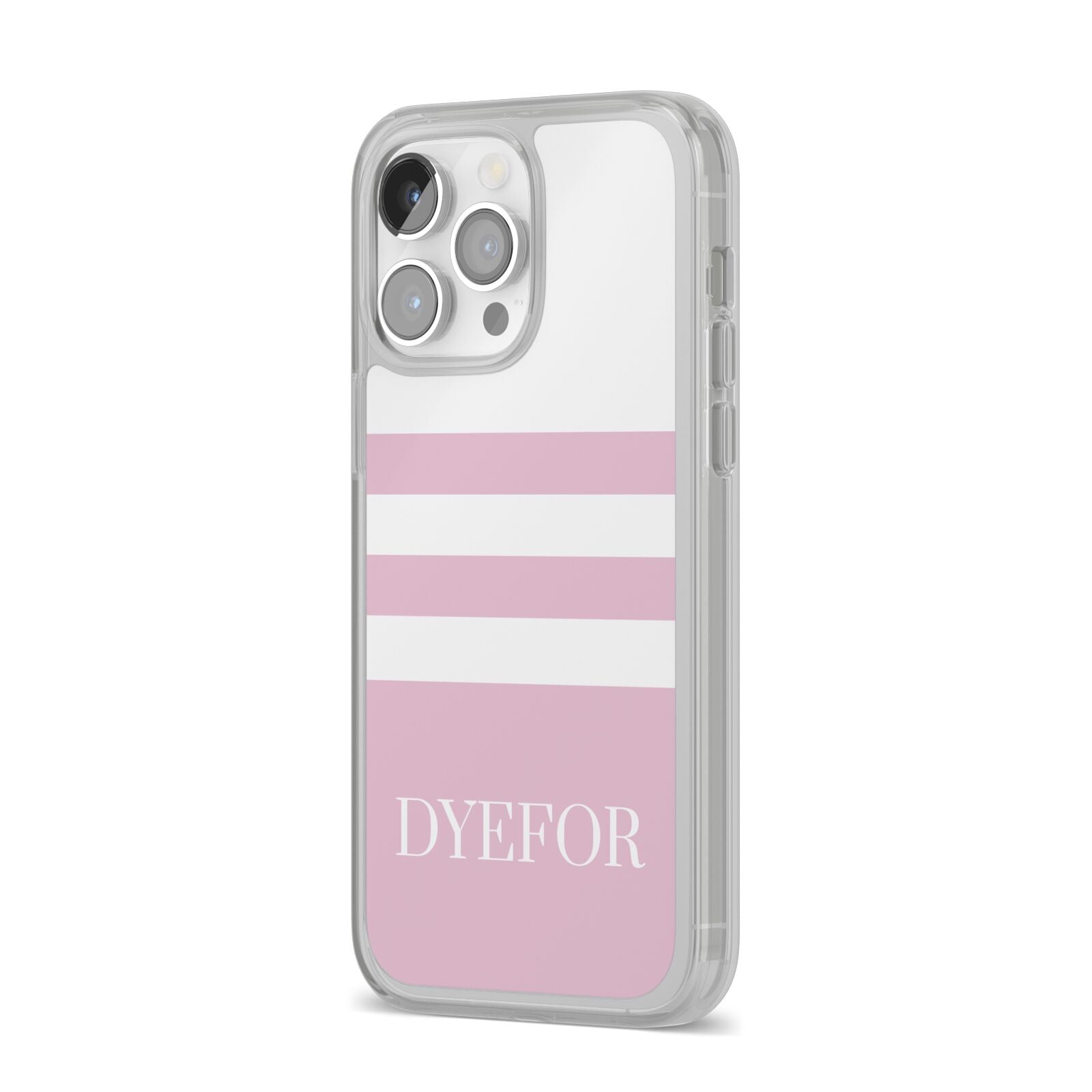 Personalised Name Striped iPhone 14 Pro Max Clear Tough Case Silver Angled Image