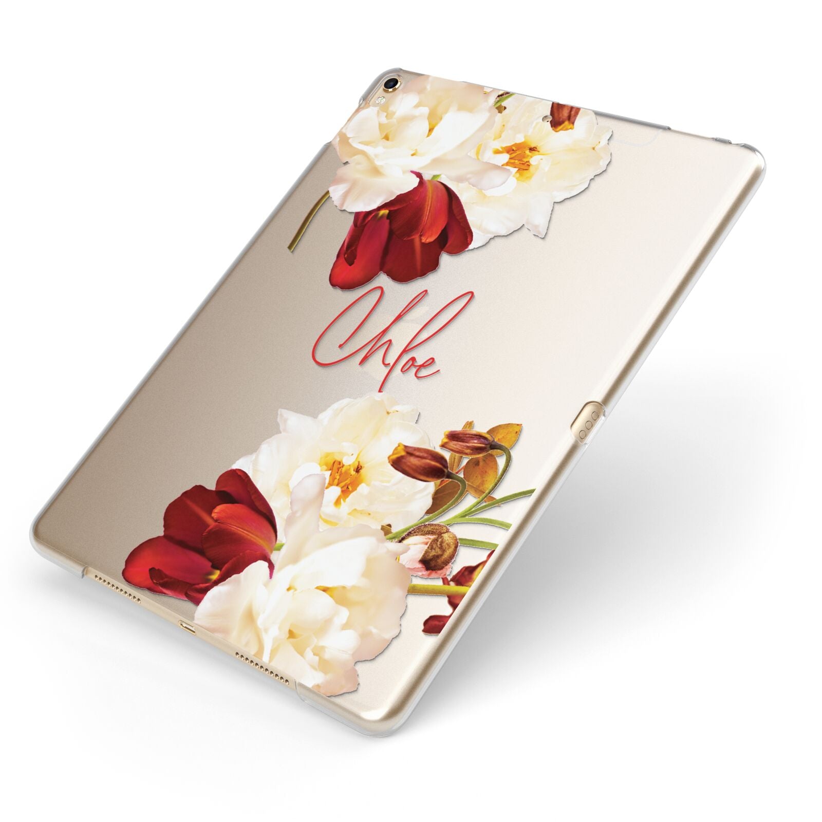 Personalised Name Transparent Clear Floral Apple iPad Case on Gold iPad Side View