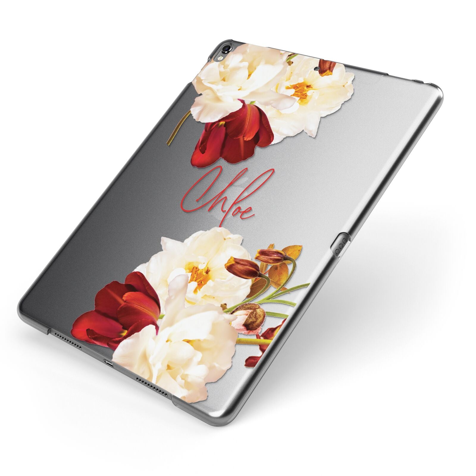 Personalised Name Transparent Clear Floral Apple iPad Case on Grey iPad Side View