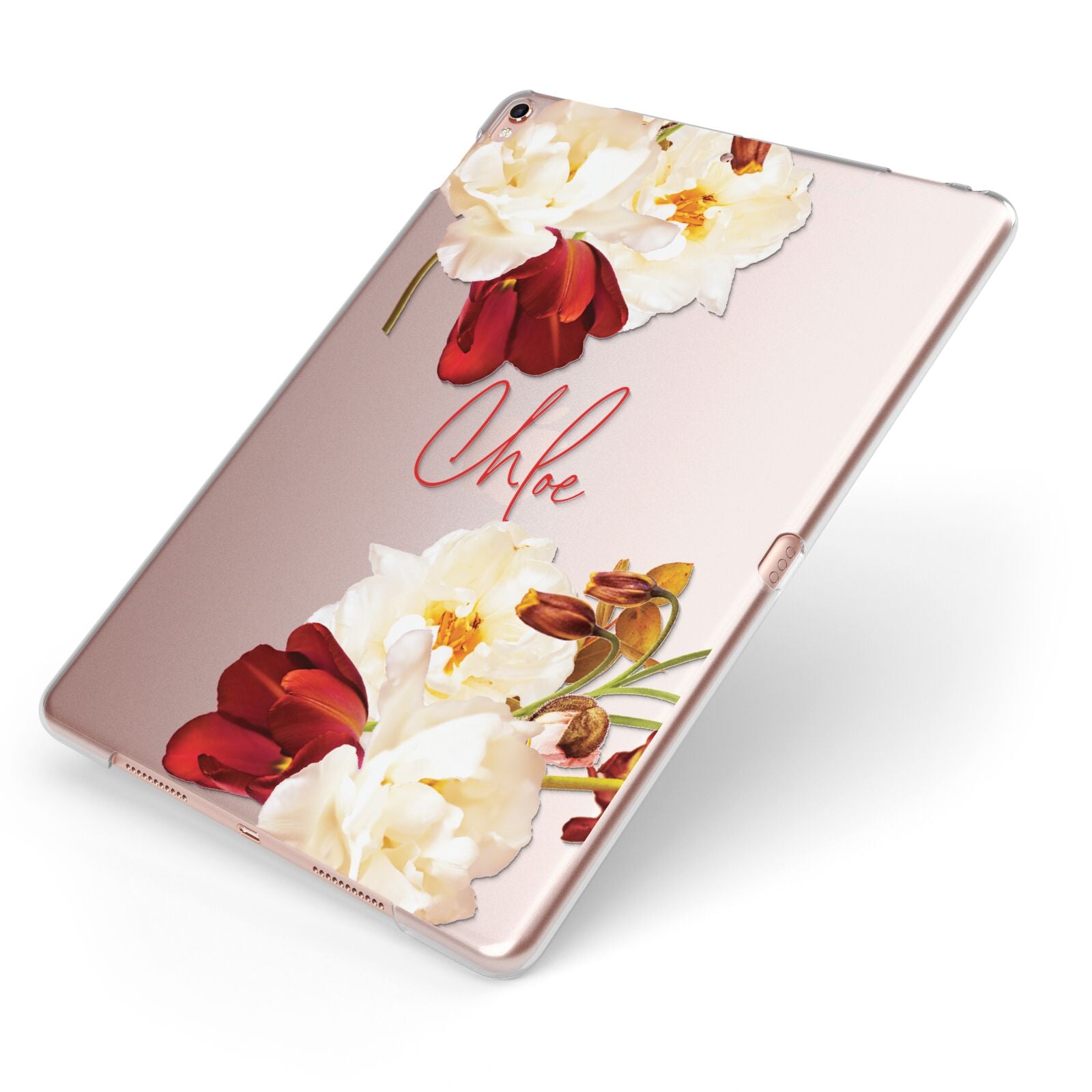 Personalised Name Transparent Clear Floral Apple iPad Case on Rose Gold iPad Side View