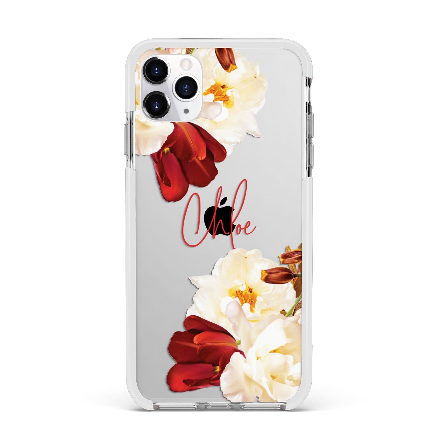 Personalised Name Transparent Clear Floral Apple iPhone 11 Pro Max in Silver with White Impact Case