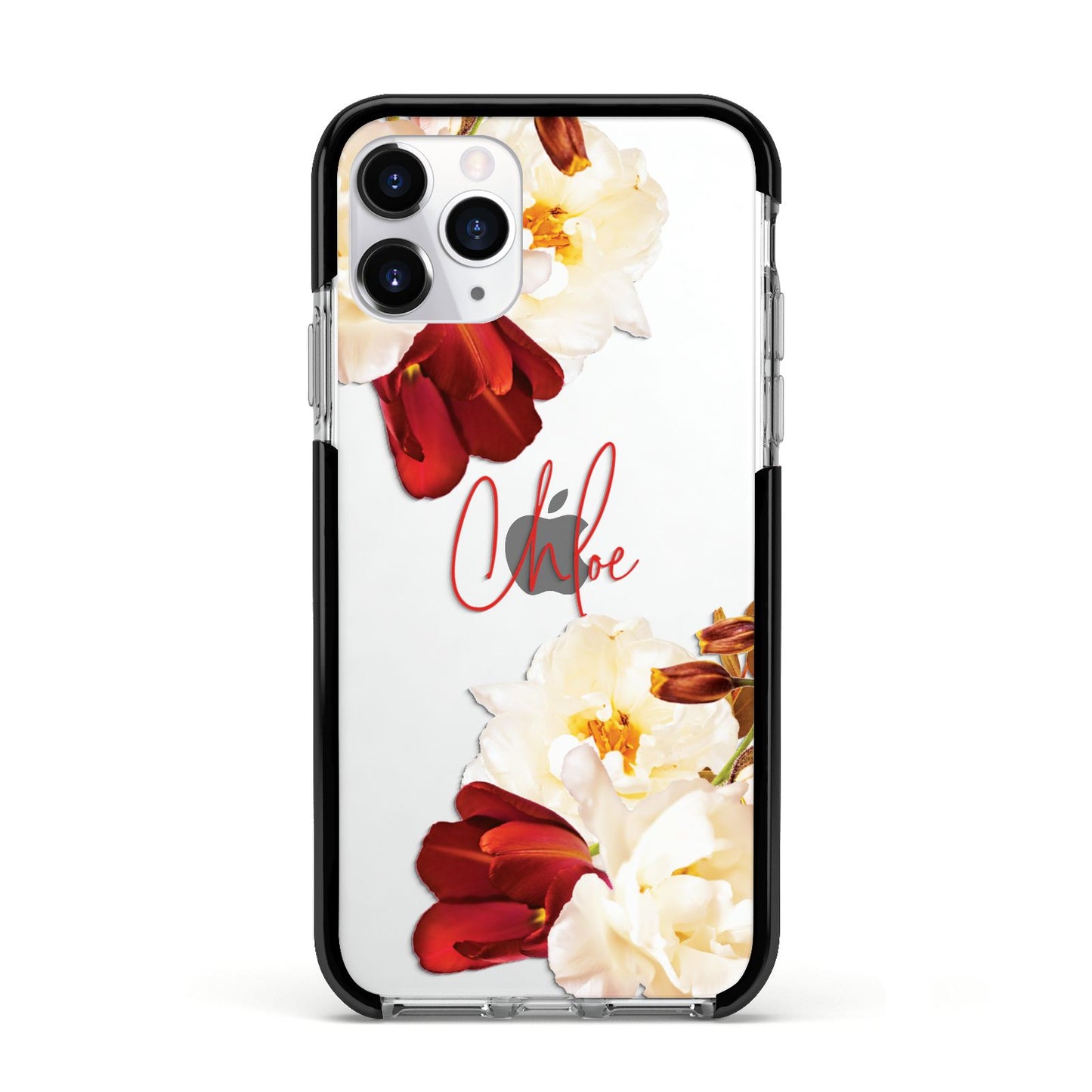 Personalised Name Transparent Clear Floral Apple iPhone 11 Pro in Silver with Black Impact Case