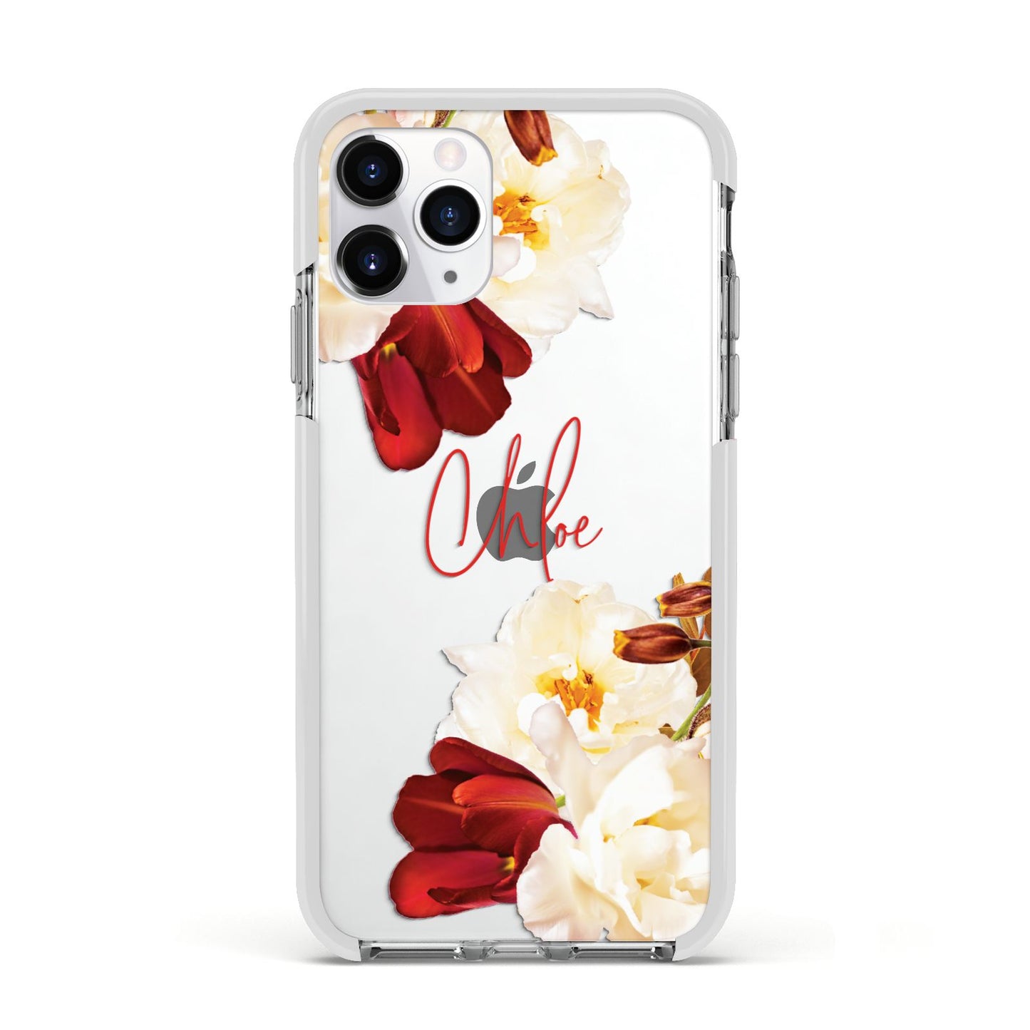Personalised Name Transparent Clear Floral Apple iPhone 11 Pro in Silver with White Impact Case