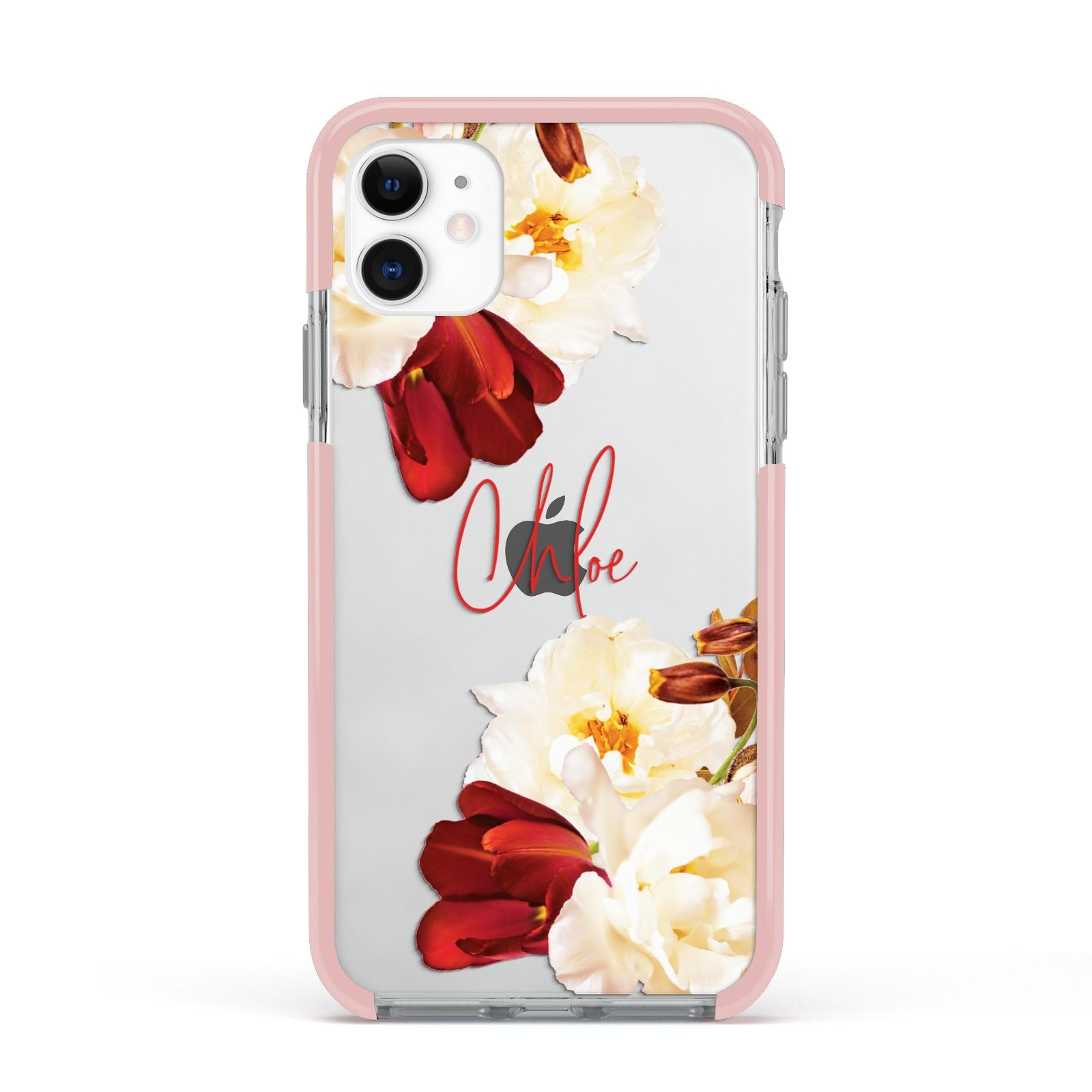 Personalised Name Transparent Clear Floral Apple iPhone 11 in White with Pink Impact Case