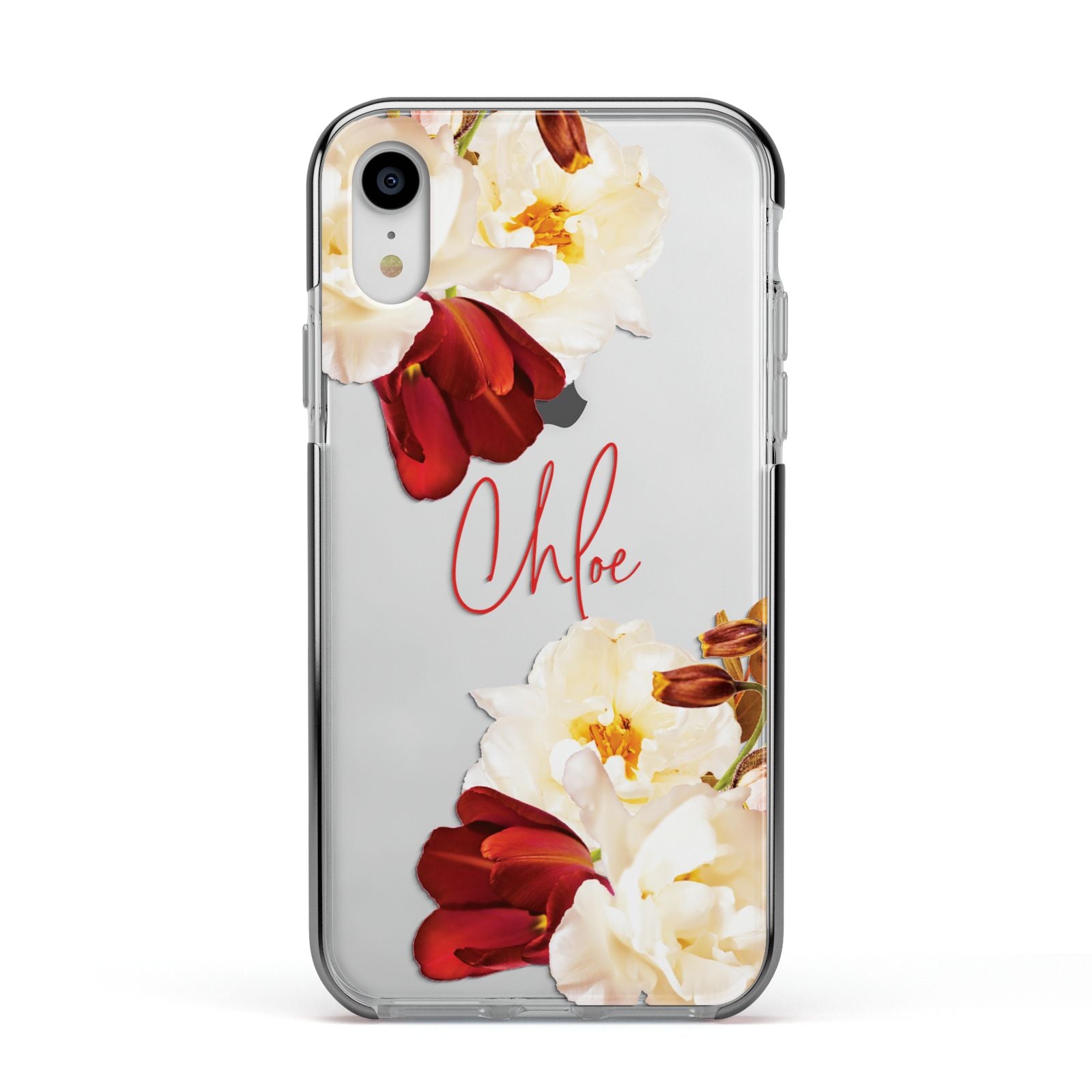 Personalised Name Transparent Clear Floral Apple iPhone XR Impact Case Black Edge on Silver Phone