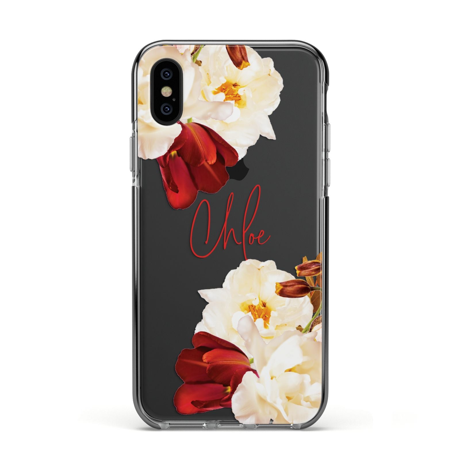 Personalised Name Transparent Clear Floral Apple iPhone Xs Impact Case Black Edge on Black Phone