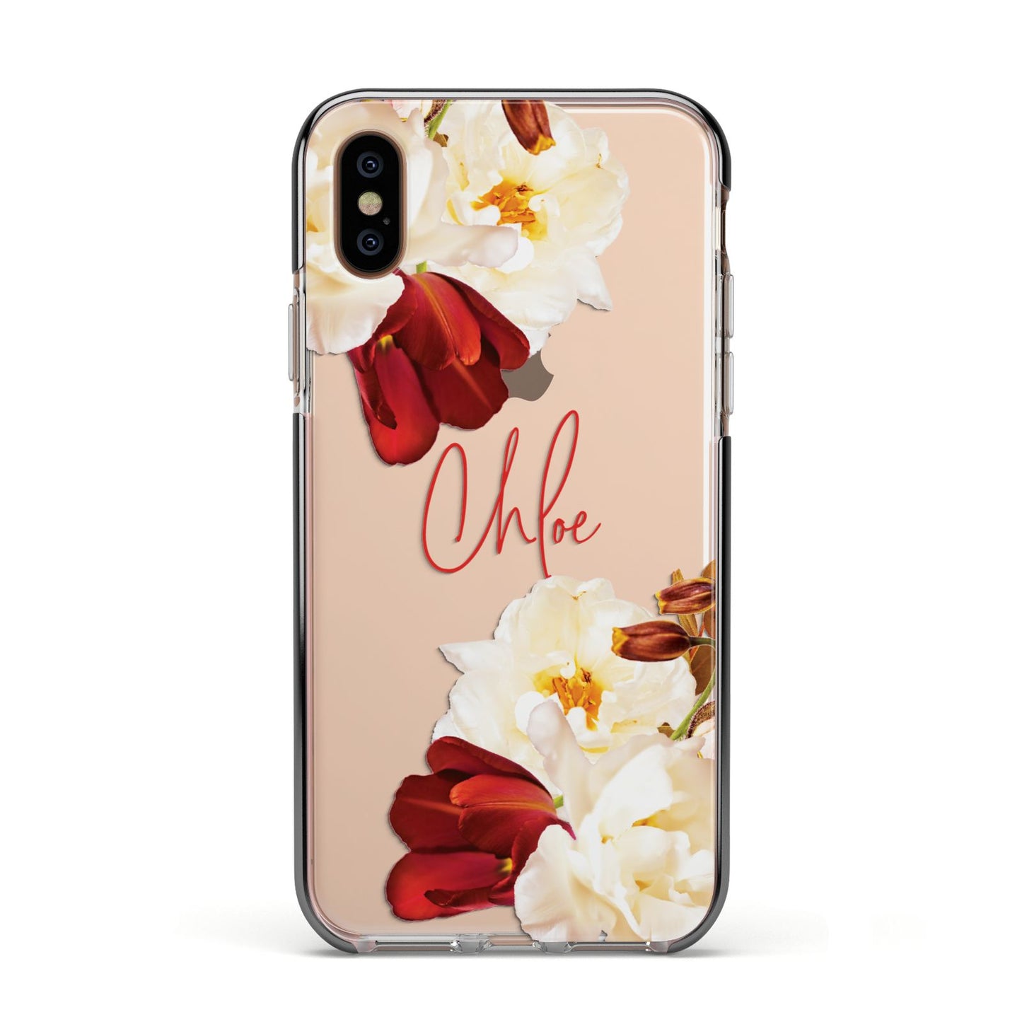 Personalised Name Transparent Clear Floral Apple iPhone Xs Impact Case Black Edge on Gold Phone