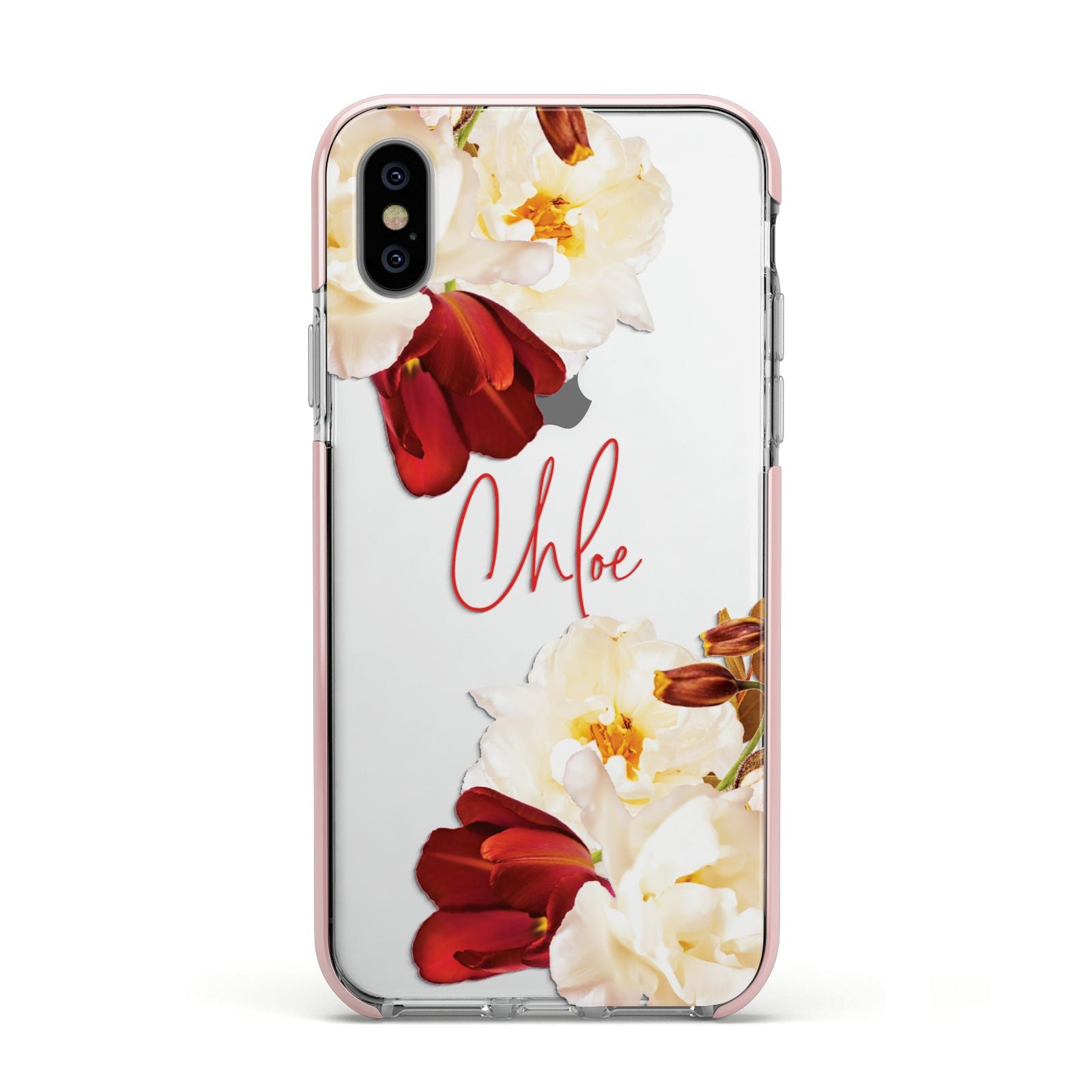 Personalised Name Transparent Clear Floral Apple iPhone Xs Impact Case Pink Edge on Silver Phone