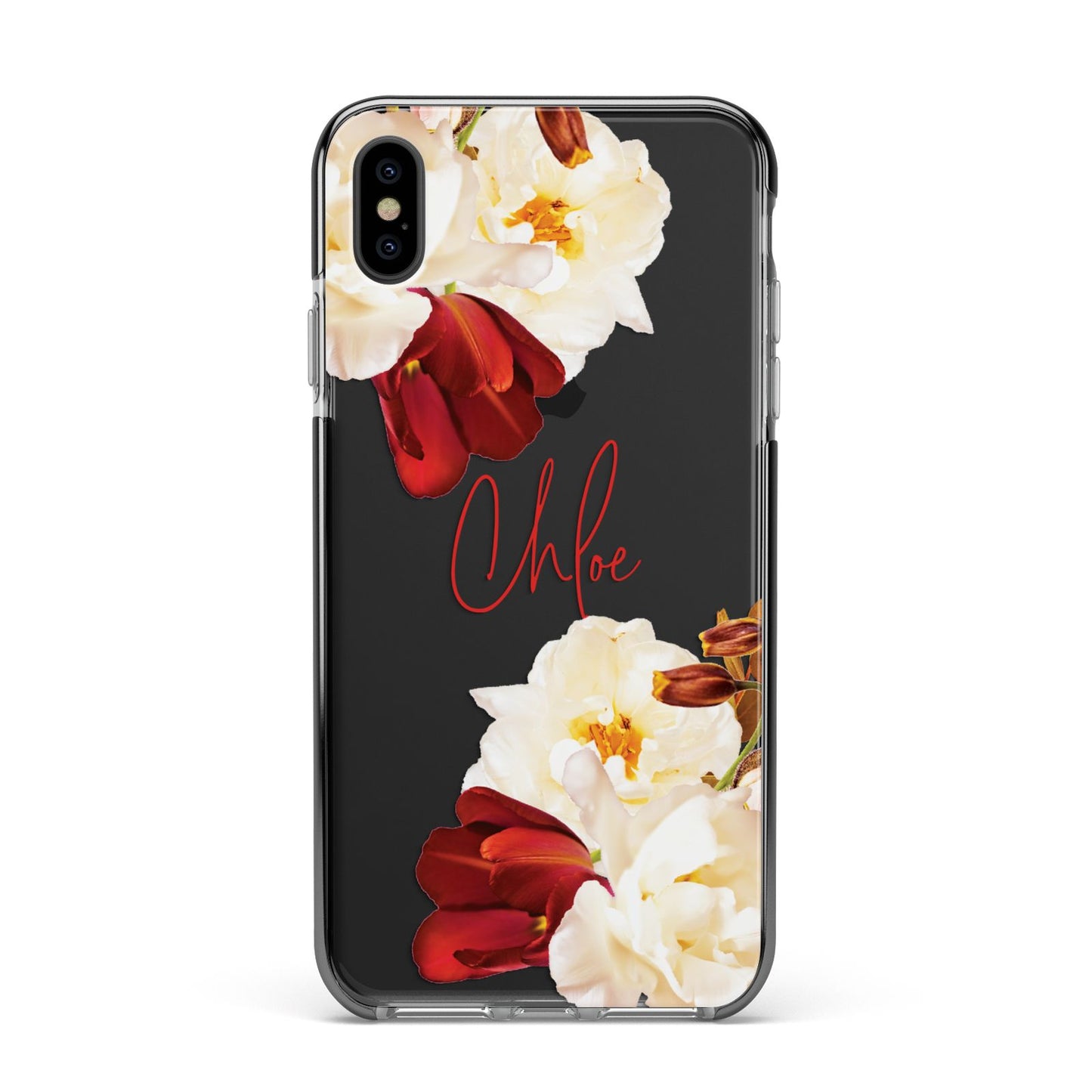 Personalised Name Transparent Clear Floral Apple iPhone Xs Max Impact Case Black Edge on Black Phone