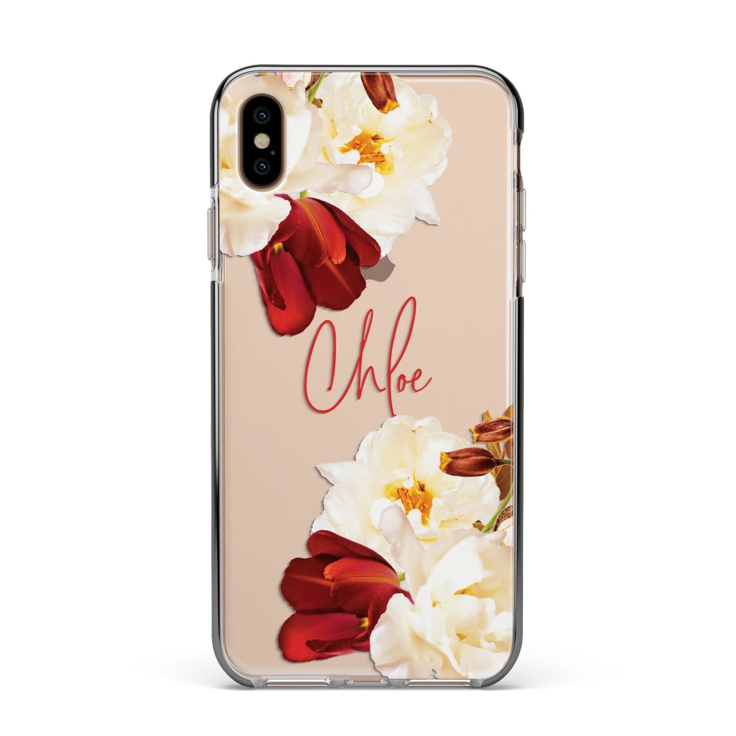 Personalised Name Transparent Clear Floral Apple iPhone Xs Max Impact Case Black Edge on Gold Phone