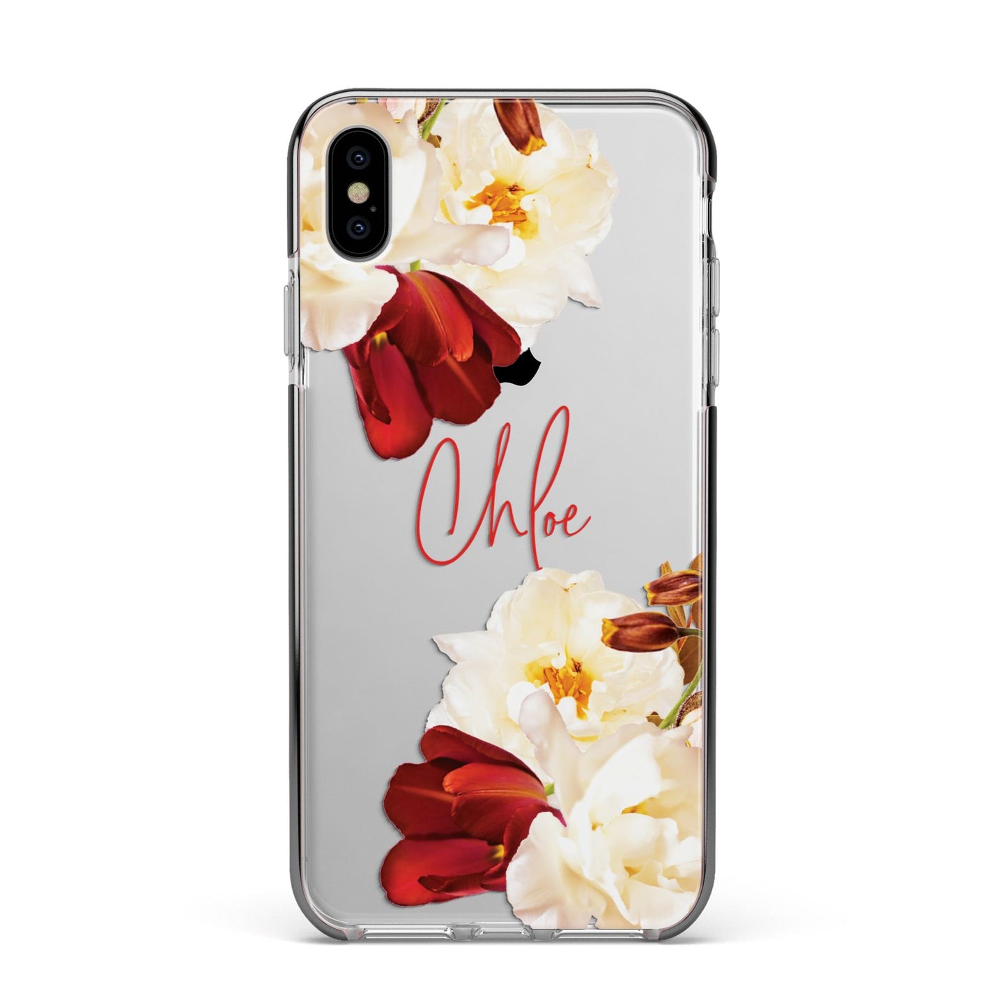 Personalised Name Transparent Clear Floral Apple iPhone Xs Max Impact Case Black Edge on Silver Phone
