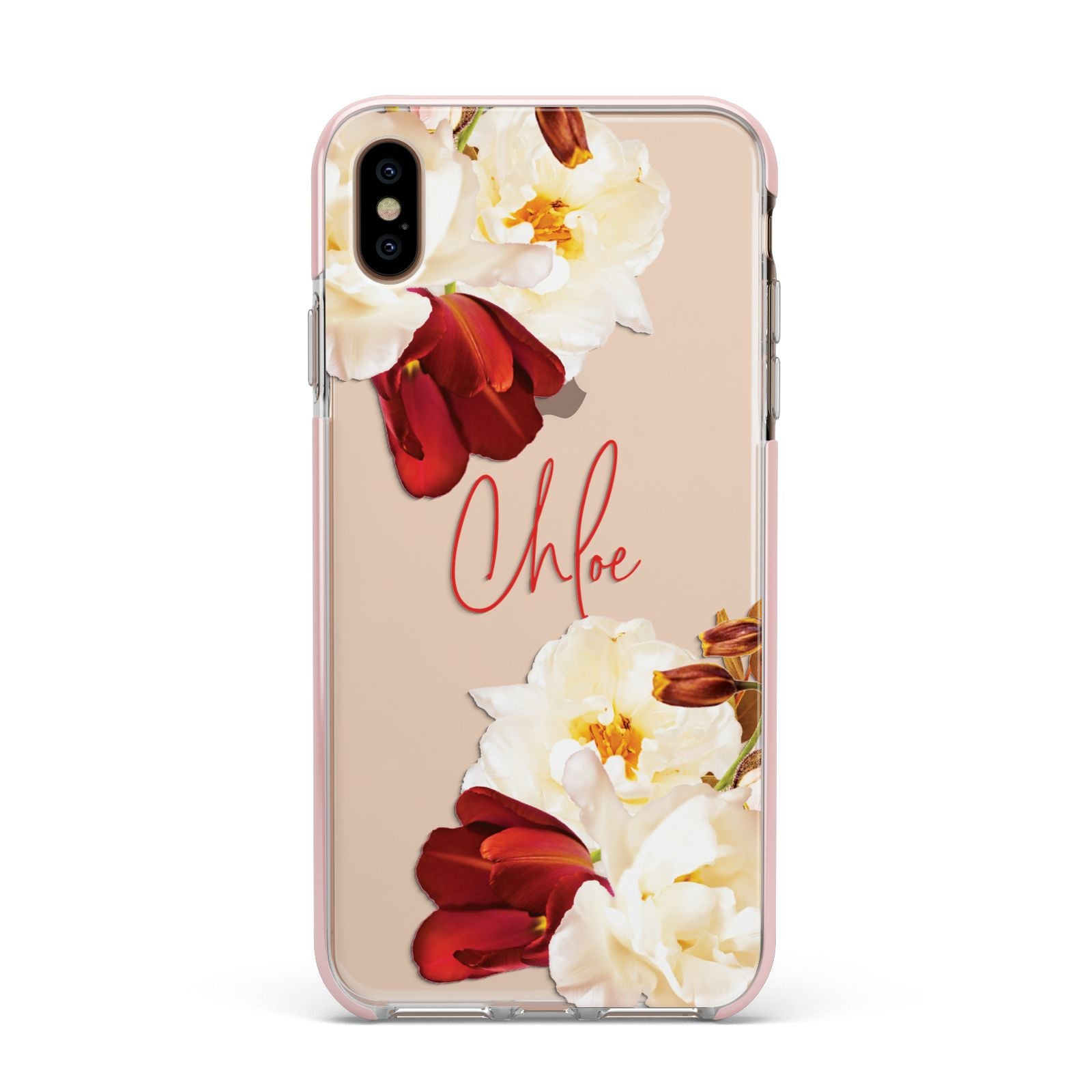 Personalised Name Transparent Clear Floral Apple iPhone Xs Max Impact Case Pink Edge on Gold Phone
