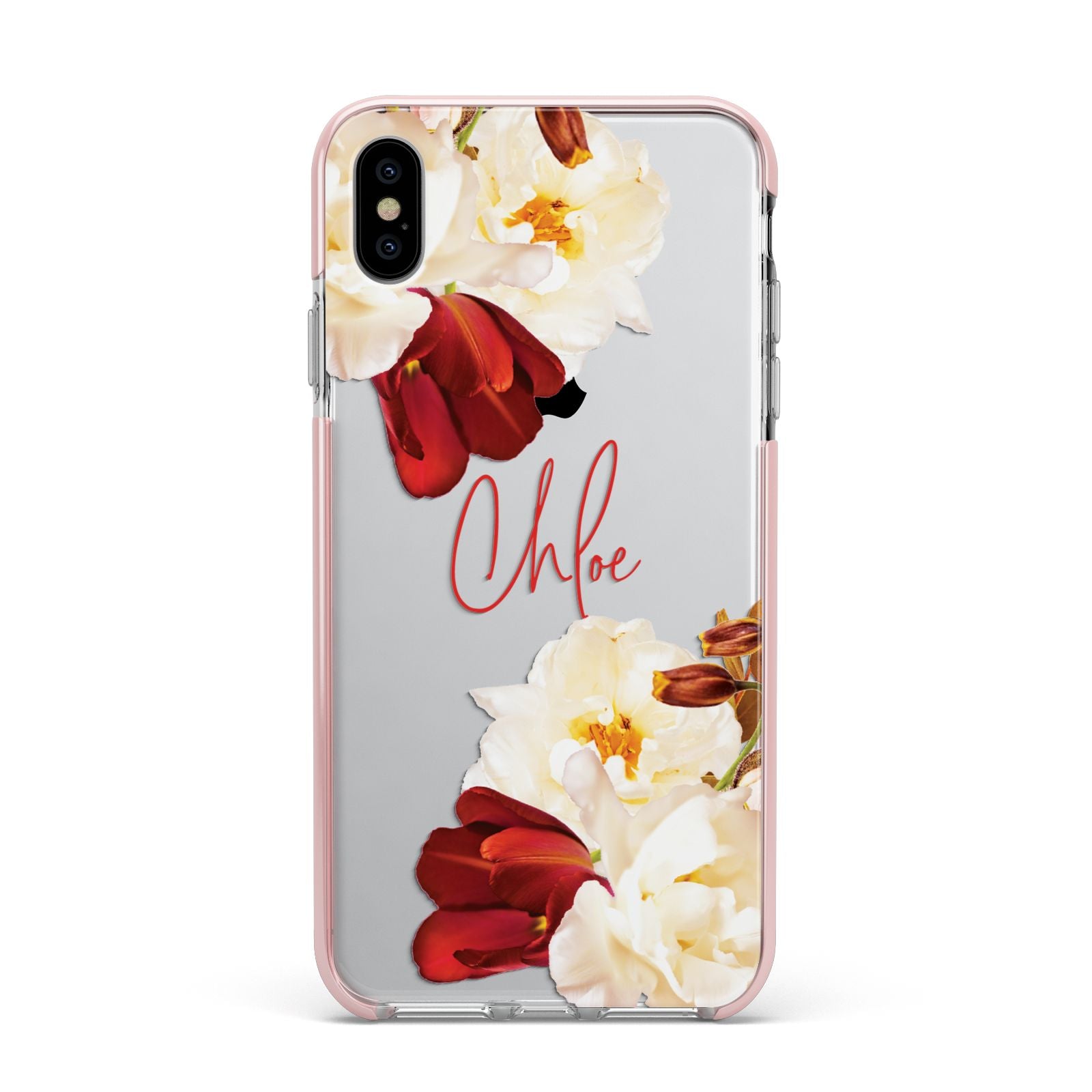 Personalised Name Transparent Clear Floral Apple iPhone Xs Max Impact Case Pink Edge on Silver Phone