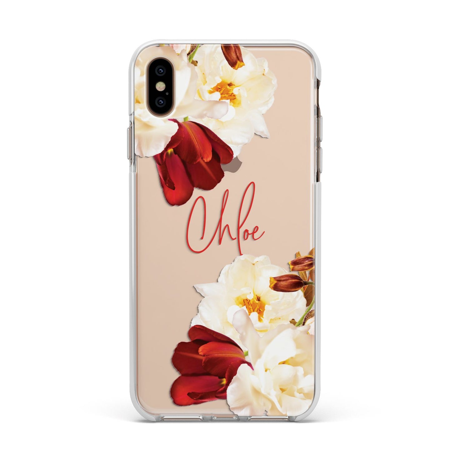 Personalised Name Transparent Clear Floral Apple iPhone Xs Max Impact Case White Edge on Gold Phone