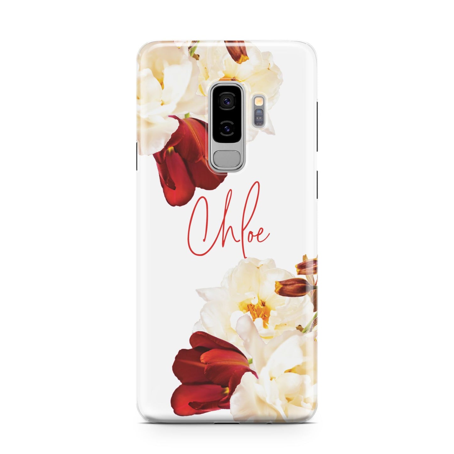 Personalised Name Transparent Clear Floral Samsung Galaxy S9 Plus Case on Silver phone