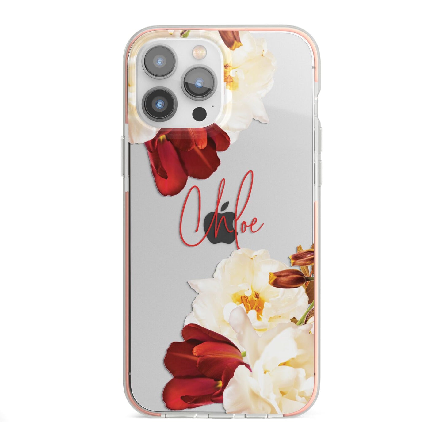 Personalised Name Transparent Clear Floral iPhone 13 Pro Max TPU Impact Case with Pink Edges