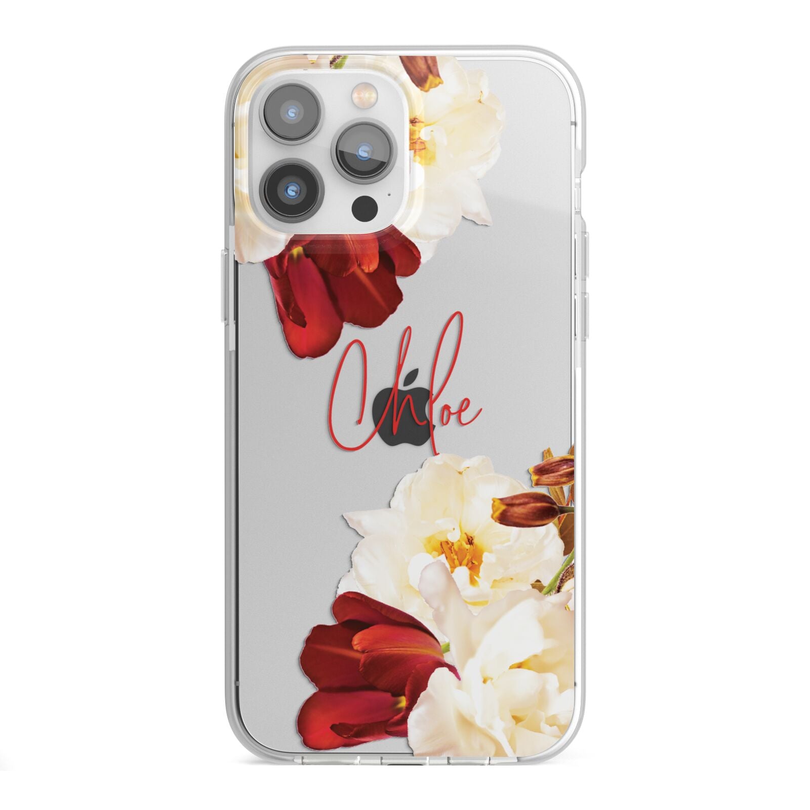 Personalised Name Transparent Clear Floral iPhone 13 Pro Max TPU Impact Case with White Edges