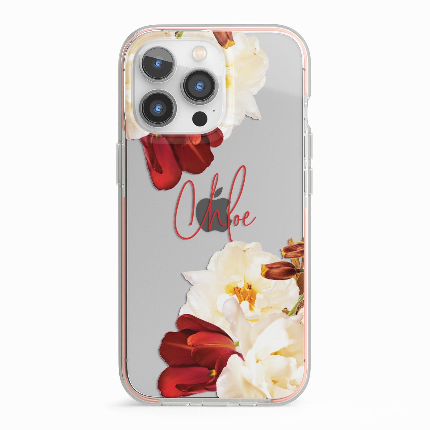 Personalised Name Transparent Clear Floral iPhone 13 Pro TPU Impact Case with Pink Edges