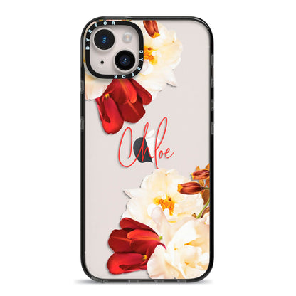 Personalised Name Transparent Clear Floral iPhone 14 Plus Black Impact Case on Silver phone