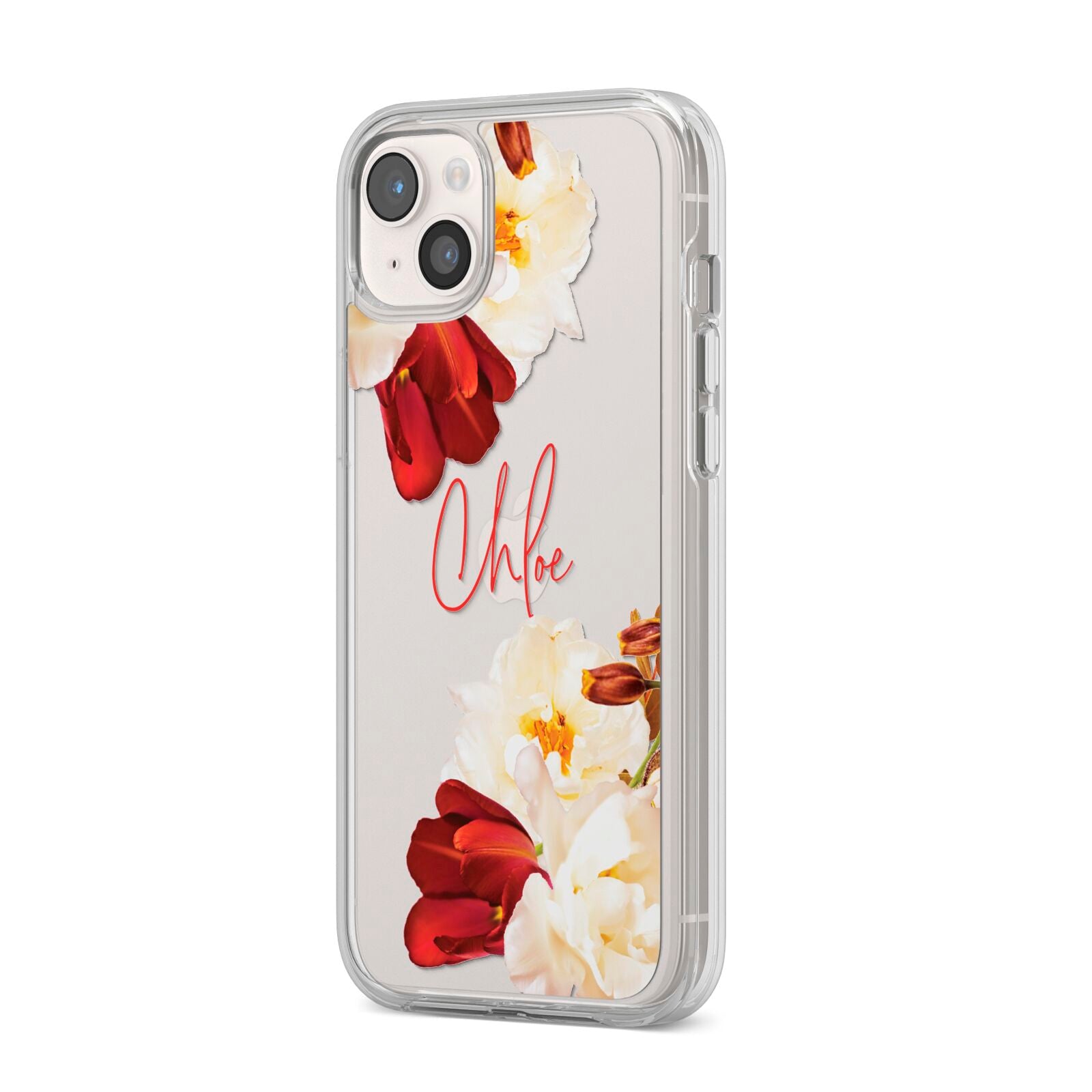 Personalised Name Transparent Clear Floral iPhone 14 Plus Clear Tough Case Starlight Angled Image