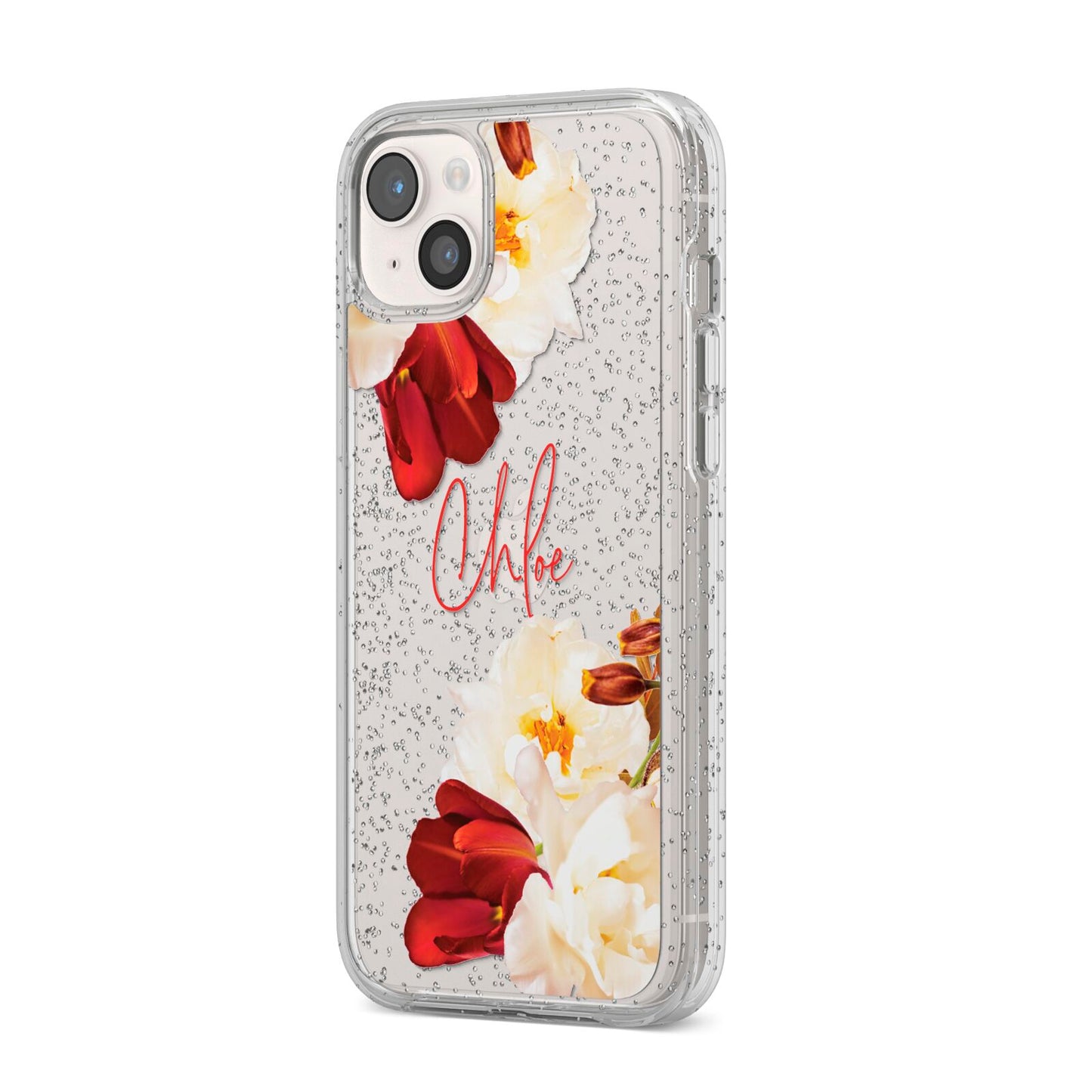 Personalised Name Transparent Clear Floral iPhone 14 Plus Glitter Tough Case Starlight Angled Image