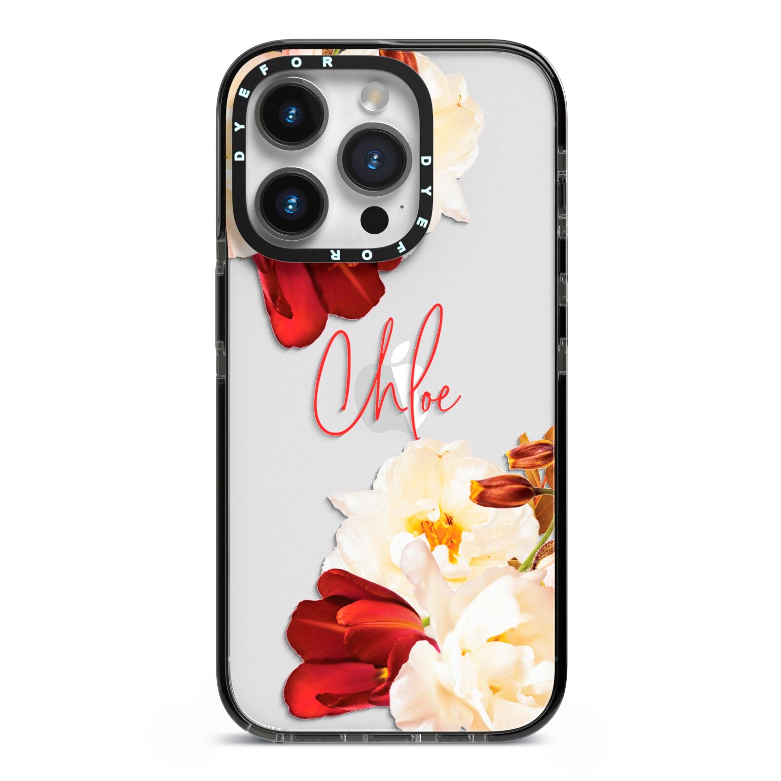Personalised Name Transparent Clear Floral iPhone 14 Pro Black Impact Case on Silver phone