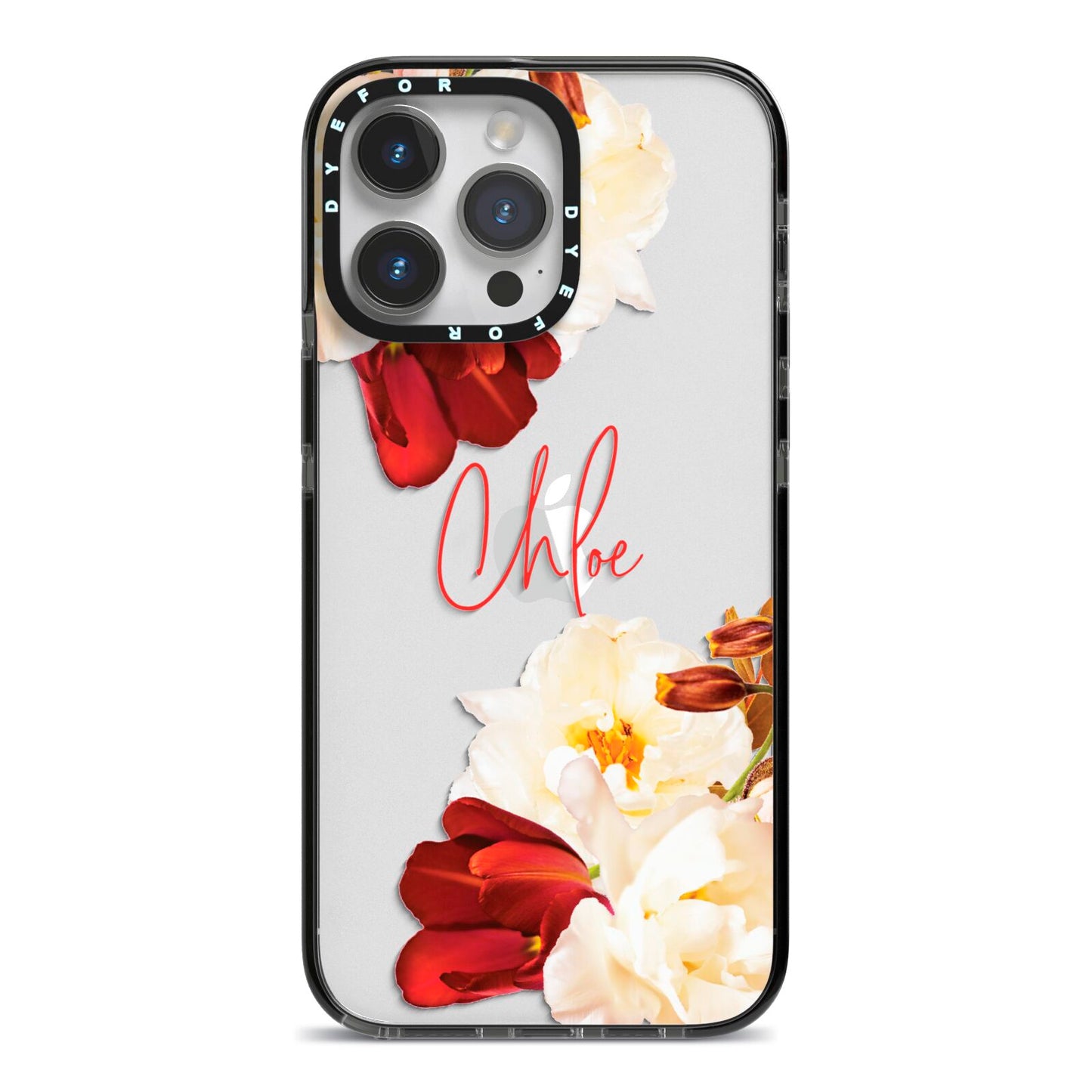 Personalised Name Transparent Clear Floral iPhone 14 Pro Max Black Impact Case on Silver phone