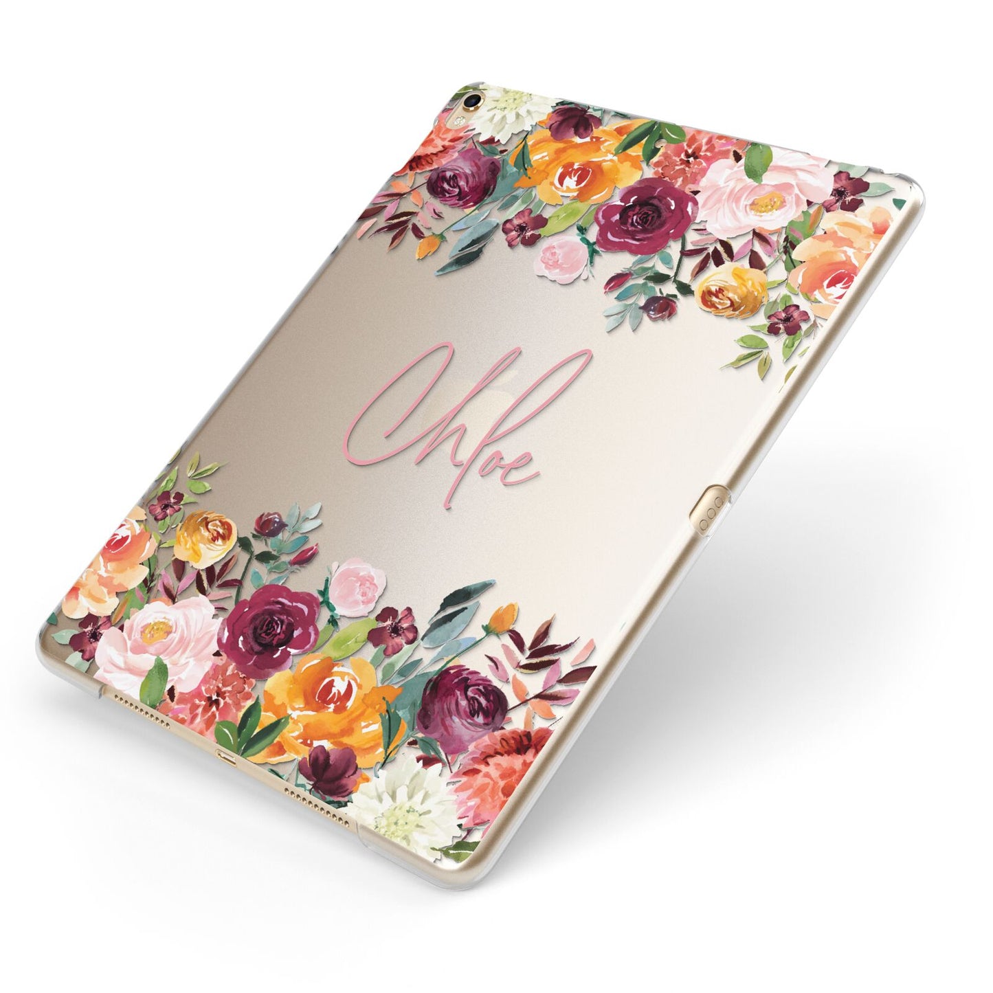 Personalised Name Transparent Flowers Apple iPad Case on Gold iPad Side View