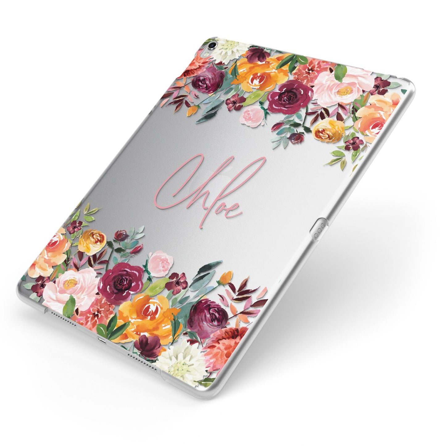 Personalised Name Transparent Flowers Apple iPad Case on Silver iPad Side View