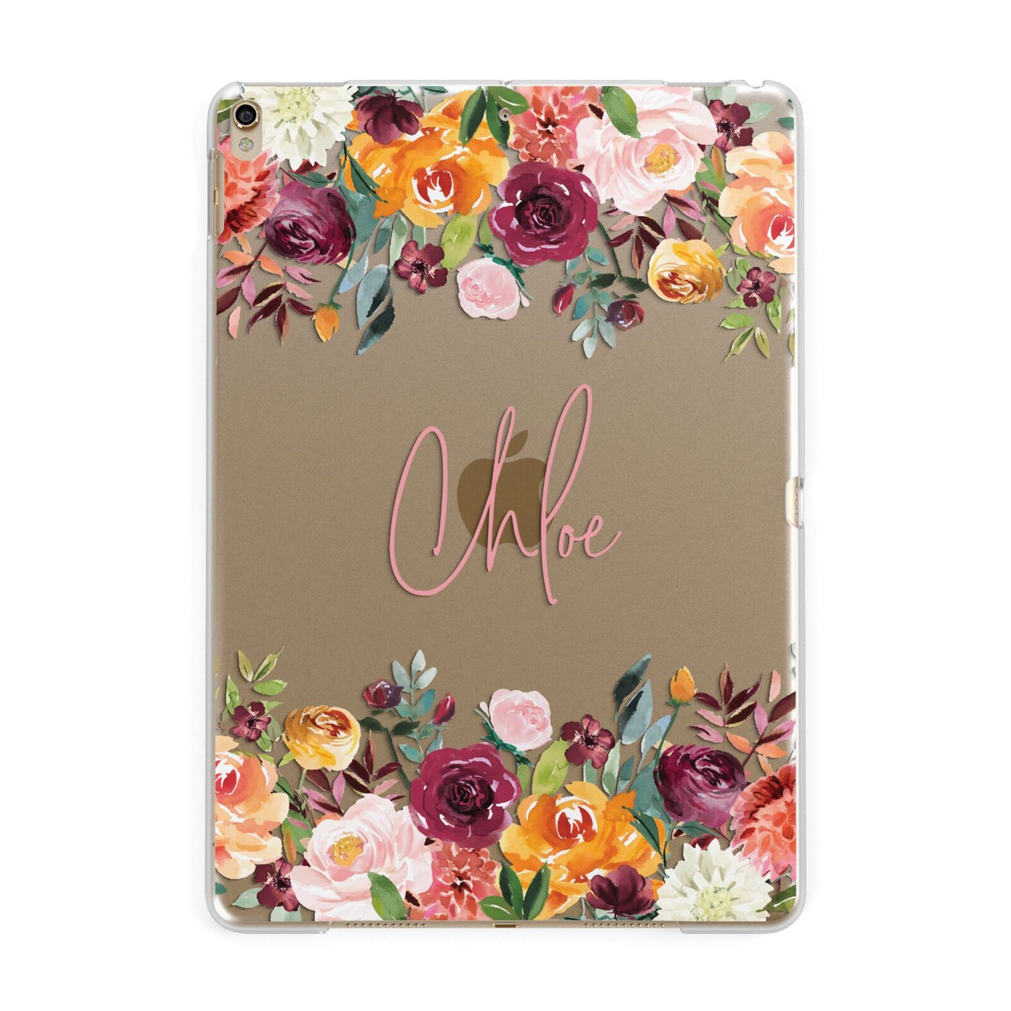 Personalised Name Transparent Flowers Apple iPad Gold Case