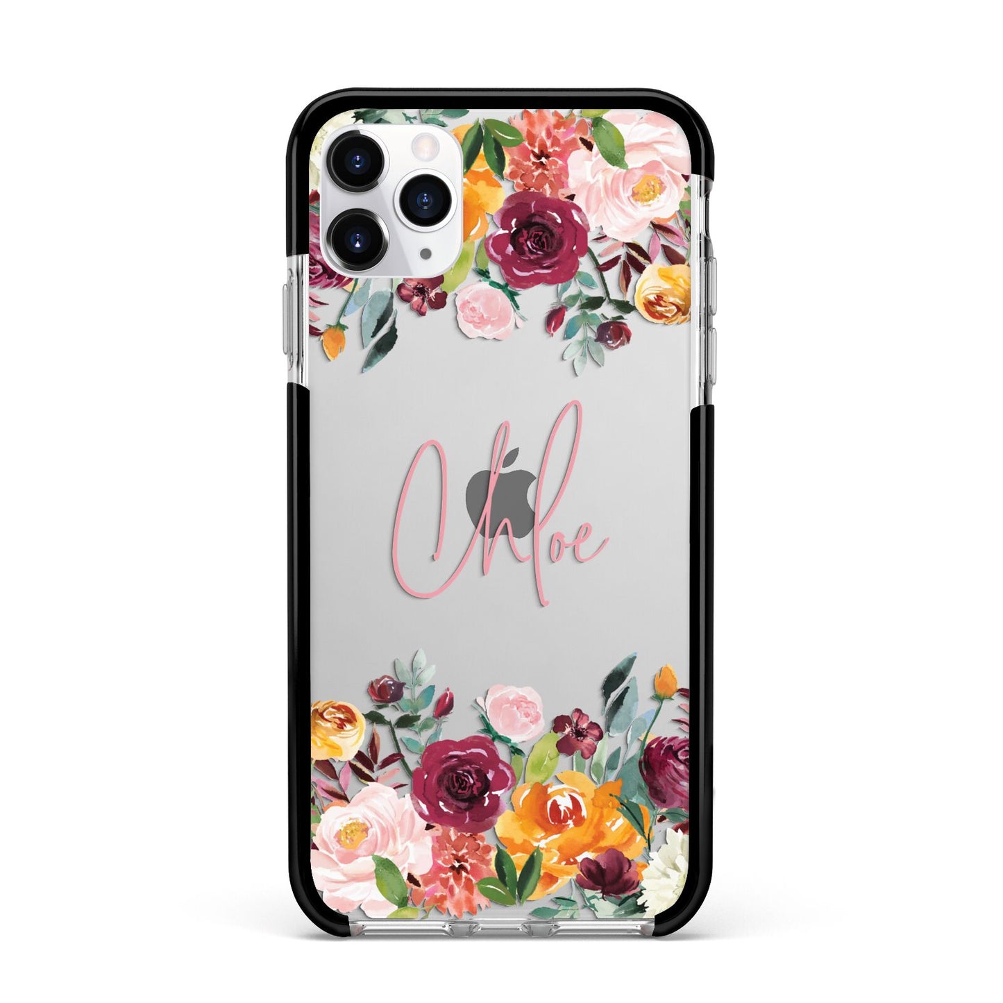 Personalised Name Transparent Flowers Apple iPhone 11 Pro Max in Silver with Black Impact Case