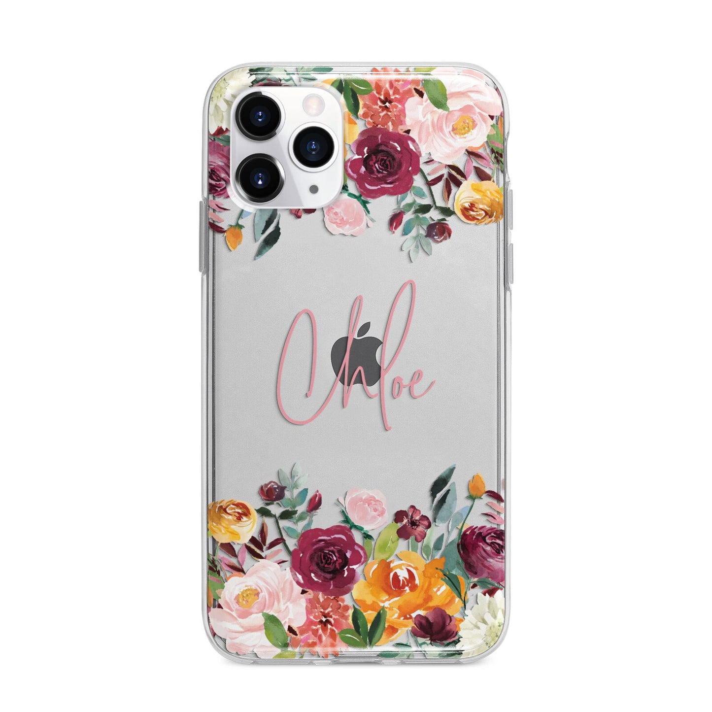 Personalised Name Transparent Flowers Apple iPhone 11 Pro Max in Silver with Bumper Case