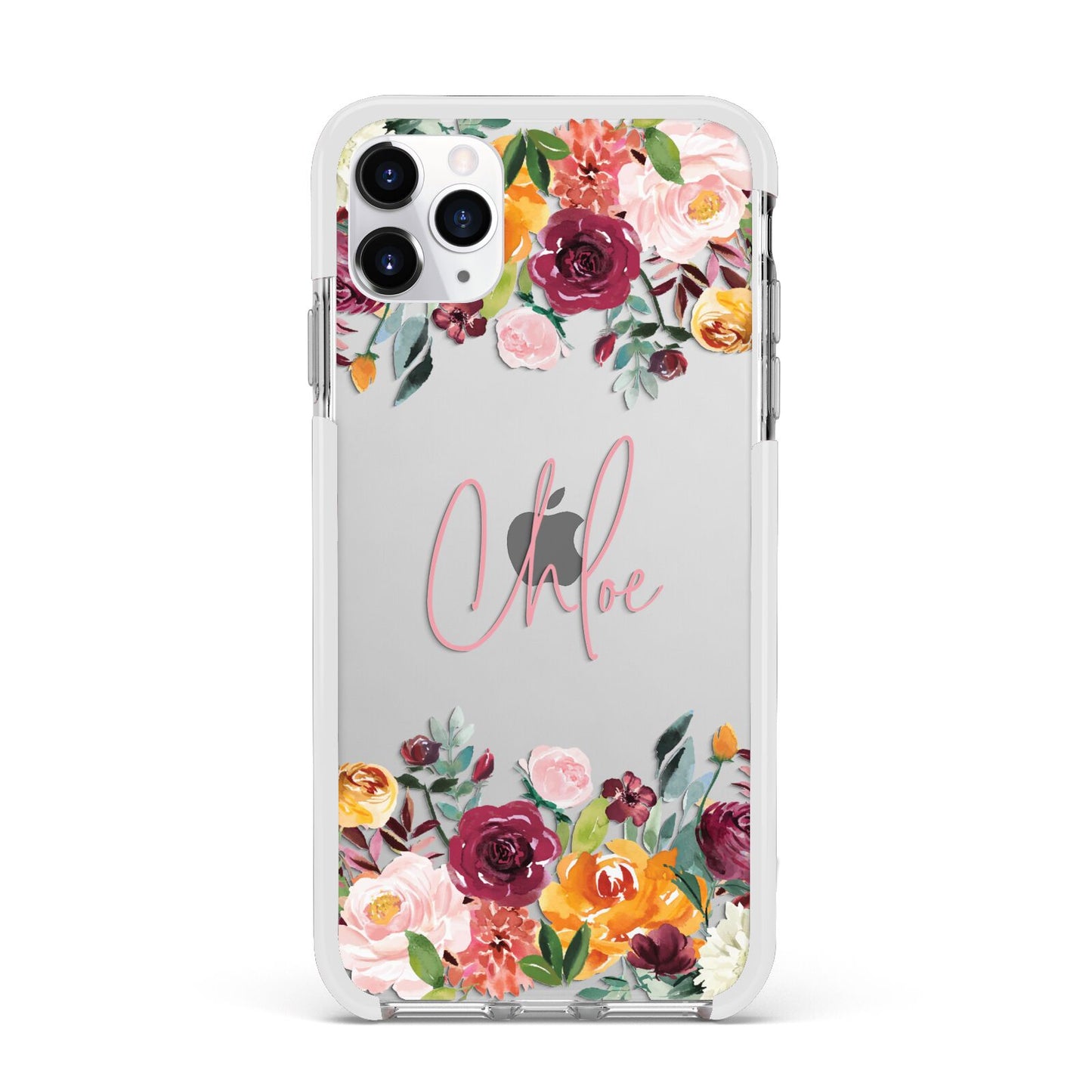 Personalised Name Transparent Flowers Apple iPhone 11 Pro Max in Silver with White Impact Case