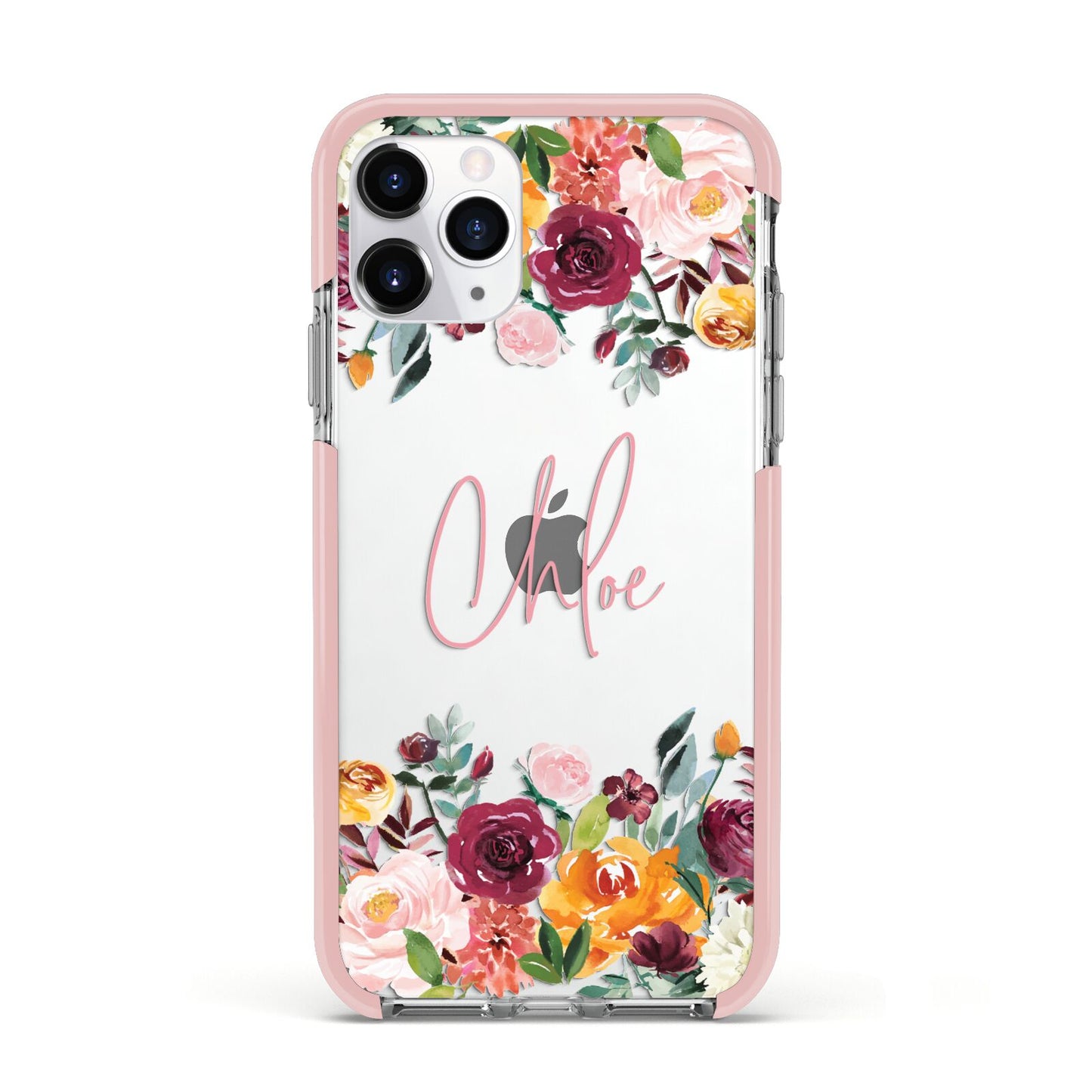 Personalised Name Transparent Flowers Apple iPhone 11 Pro in Silver with Pink Impact Case