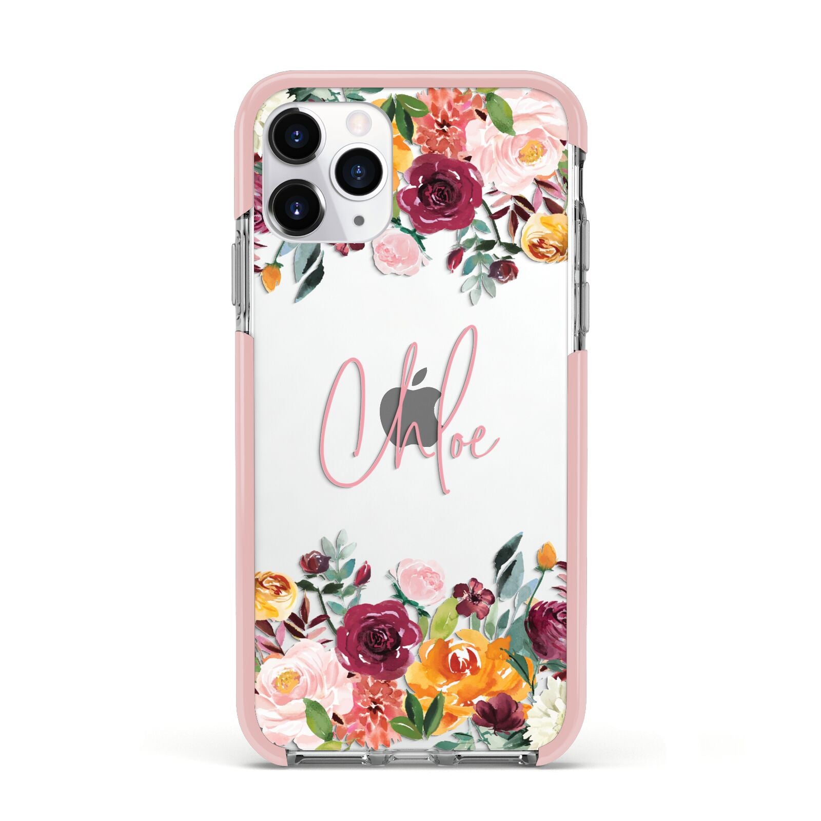 Personalised Name Transparent Flowers Apple iPhone 11 Pro in Silver with Pink Impact Case