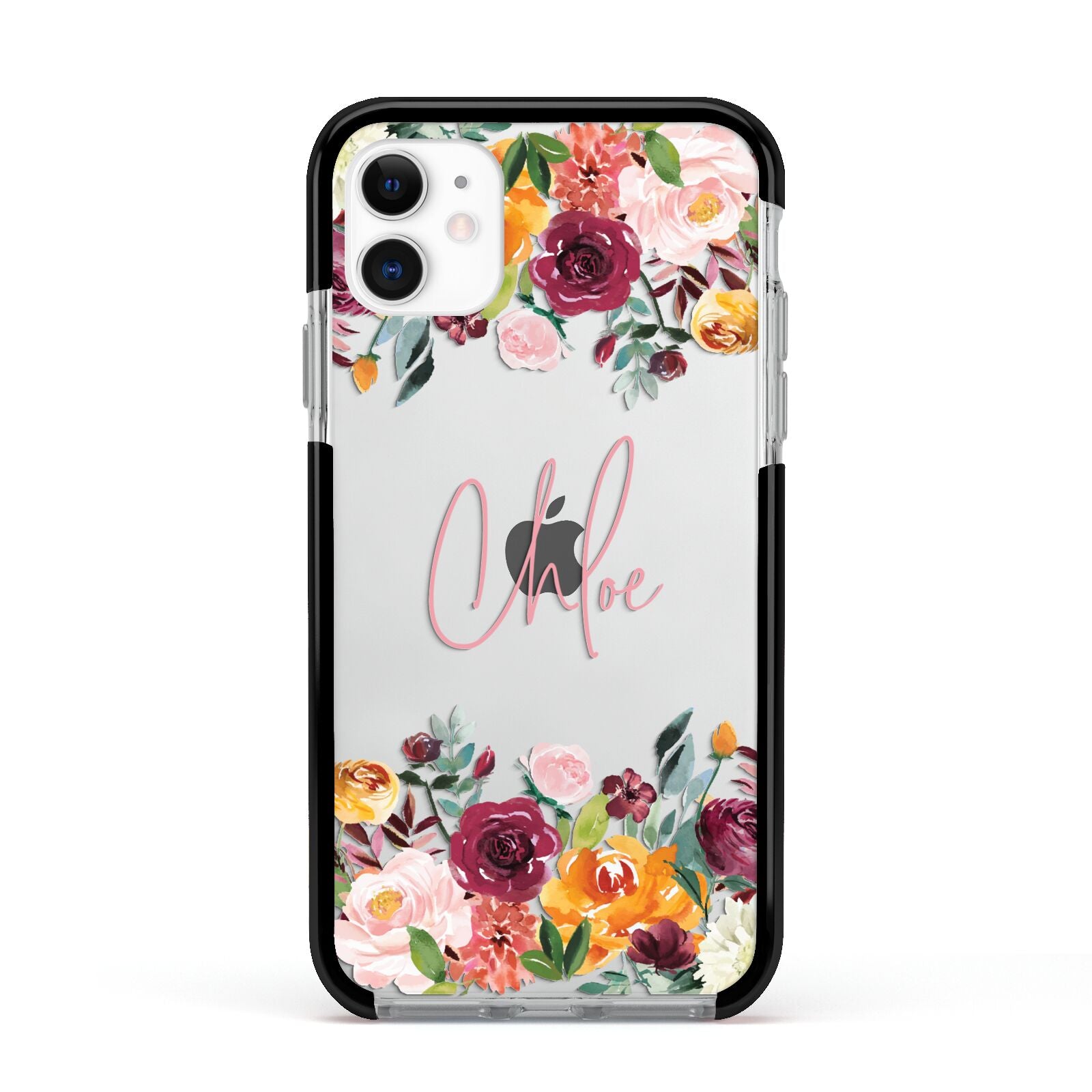 Personalised Name Transparent Flowers Apple iPhone 11 in White with Black Impact Case