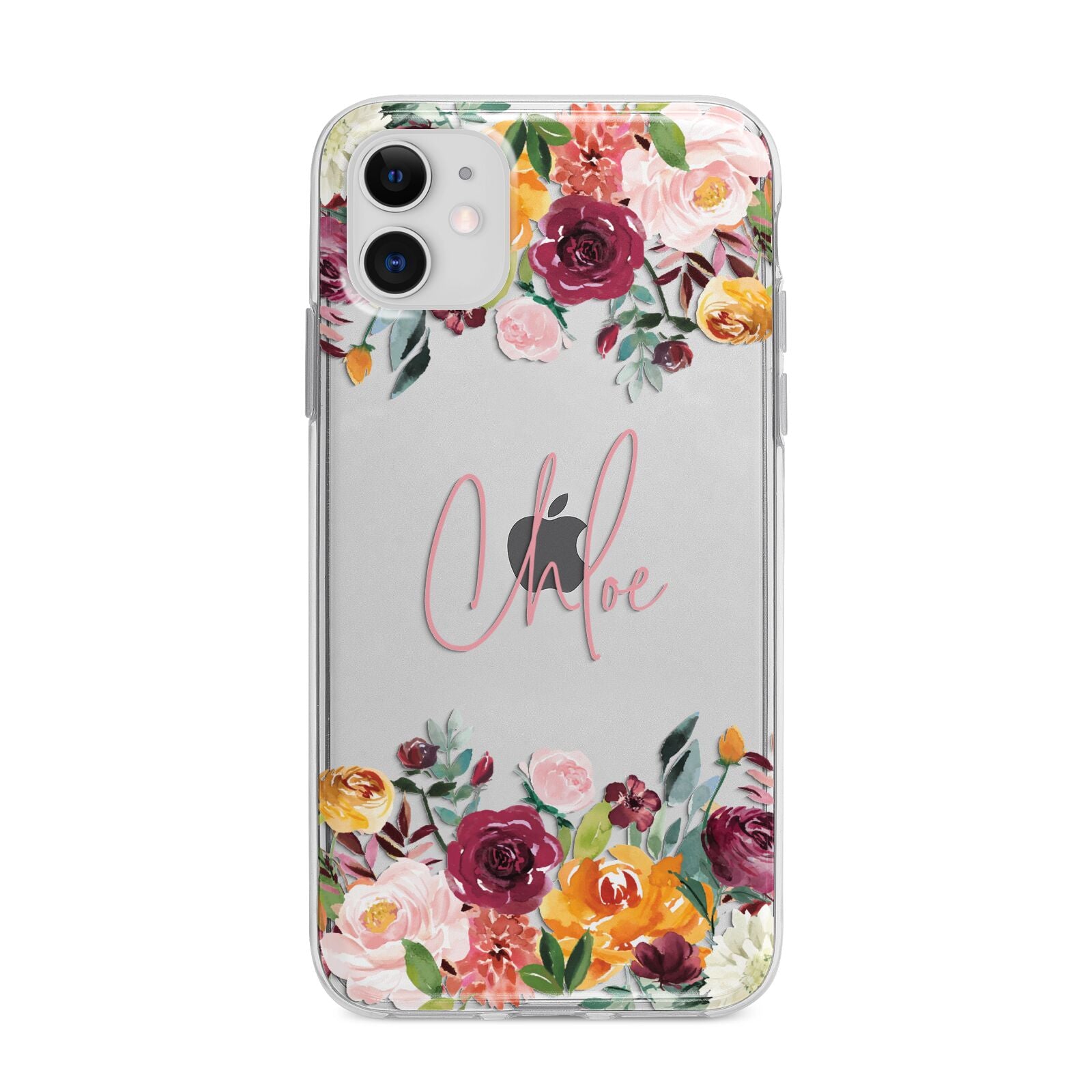 Personalised Name Transparent Flowers Apple iPhone 11 in White with Bumper Case