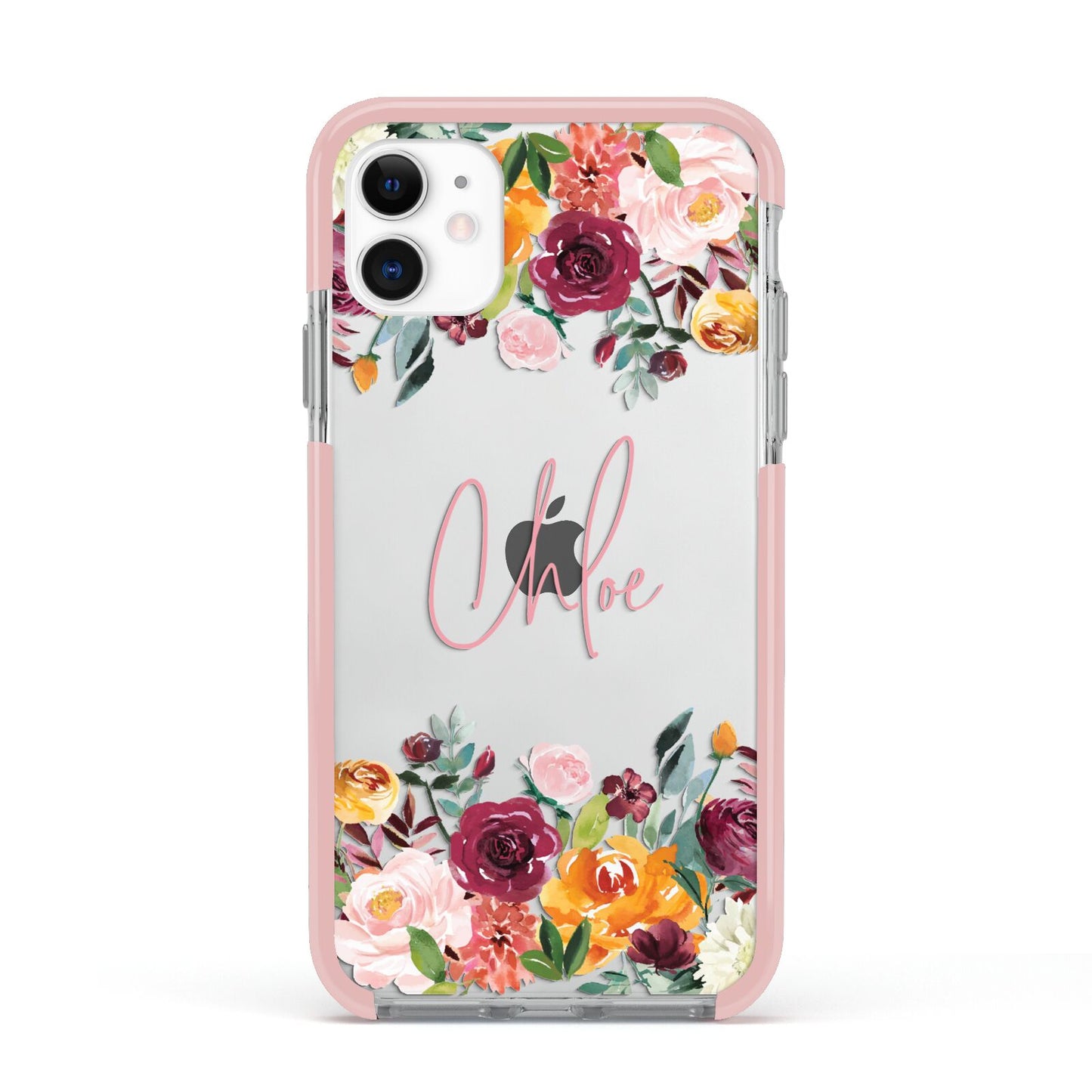 Personalised Name Transparent Flowers Apple iPhone 11 in White with Pink Impact Case